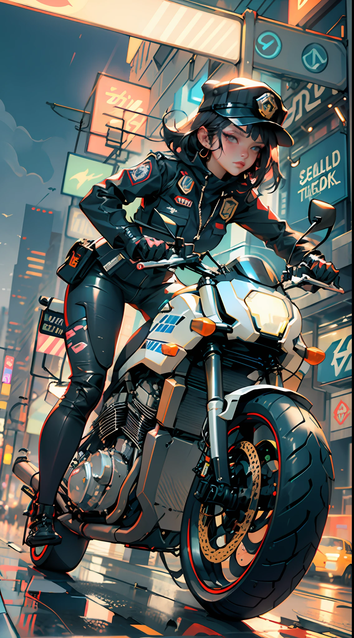 Beautiful woman medium hair, wearing cap, cyberpunk style short clothes, cyberpunk police woman, tomboy, Traffic Police, flying futuristic police motorcycle, police hovercycle patrol, night, neons