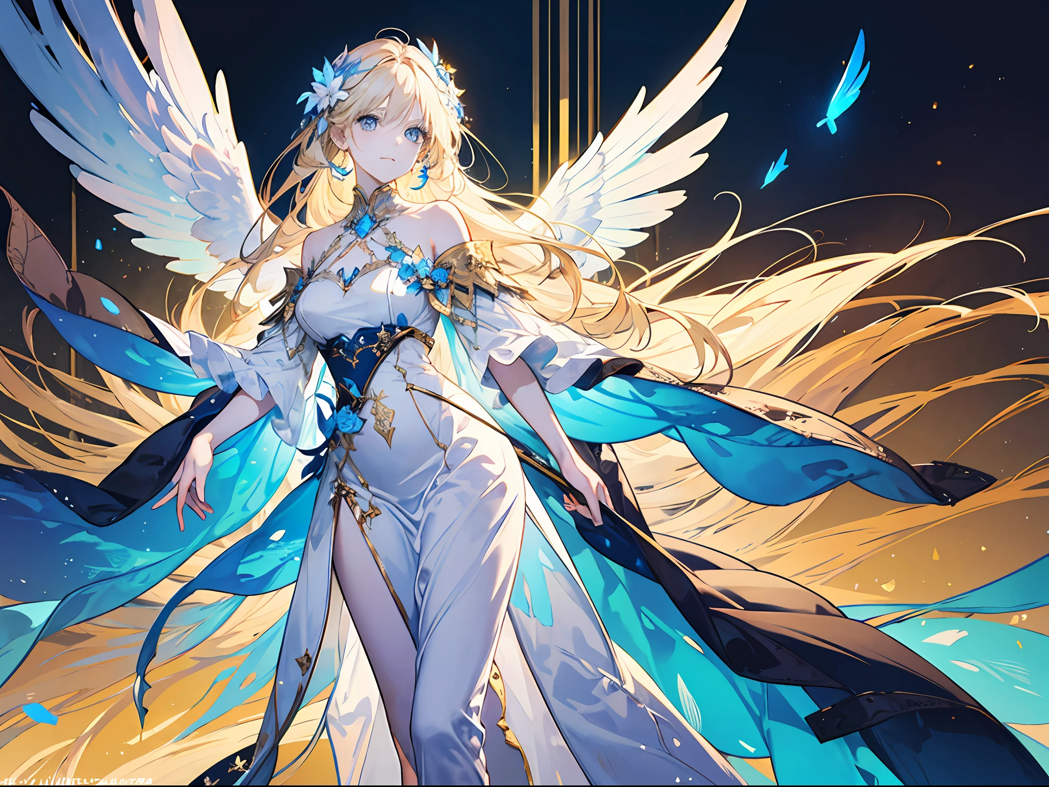 16k, a ***********, beautiful, otherworldly, elegant, blue eyes, full body, long blonde hair, simple dress, white and blue long dress, extreme details, golden streamer surrounding, angel descending, magic array, (three pairs of huge wings), masterpiece, concept art, hands open, facial details presented