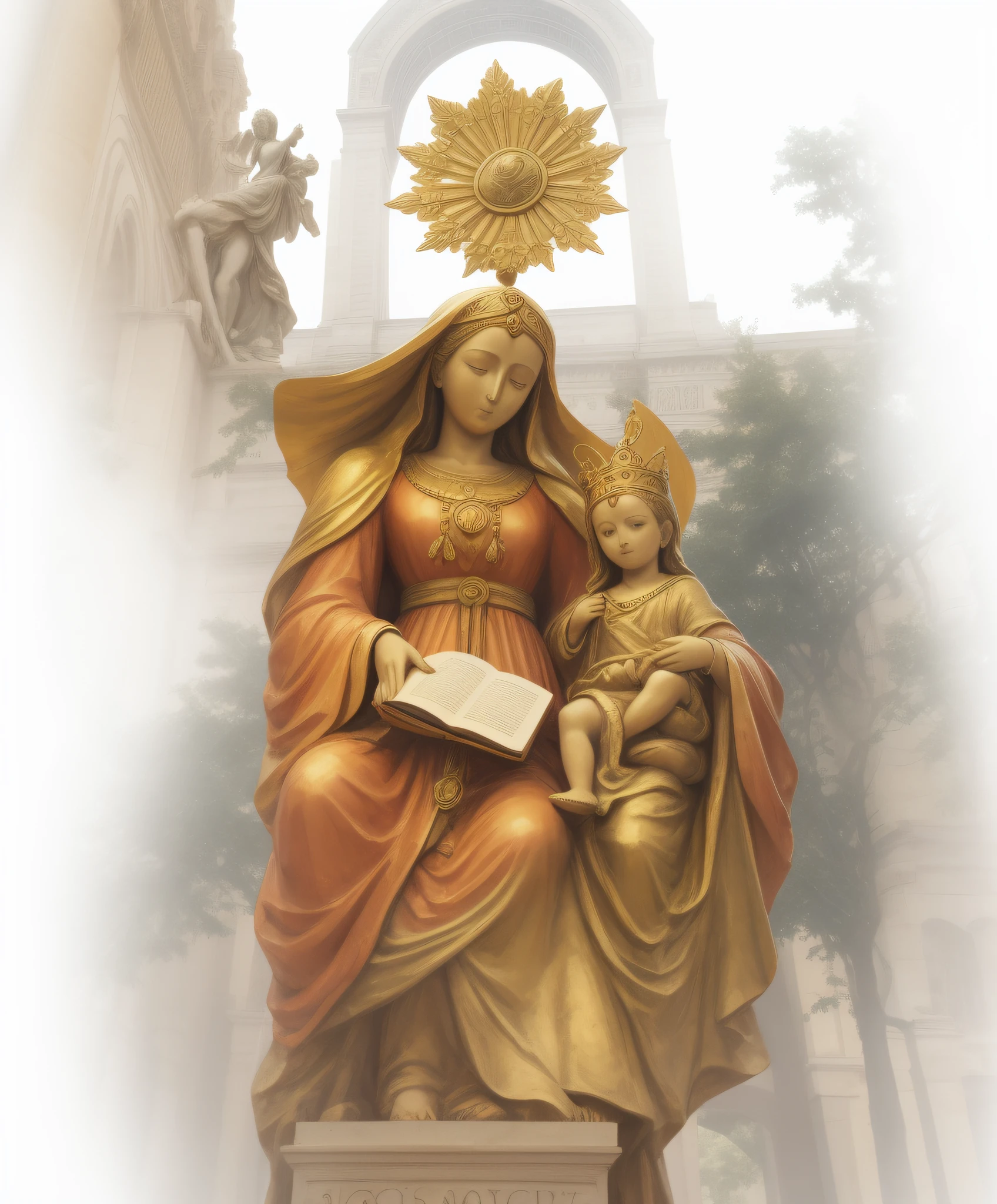 Statue of a woman holding a book with the Jesus below looking and touching the same in front of the Arc de Triomphe with sant'ana in the middle of the arch, Mary in a sanctuary, queen of heaven, no things on top of her head, majestic woman of saint, Our Lady saint'ana, Religious sculpture, glorified image, saint, a colorful statue, holy woman, immaculately detailed, Goddess of wisdom, with four legs, open book --auto