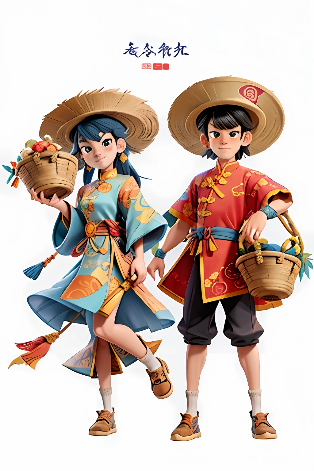 Anime characters dressed in traditional Chinese costumes and hats with baskets, official artworks, traditional costumes