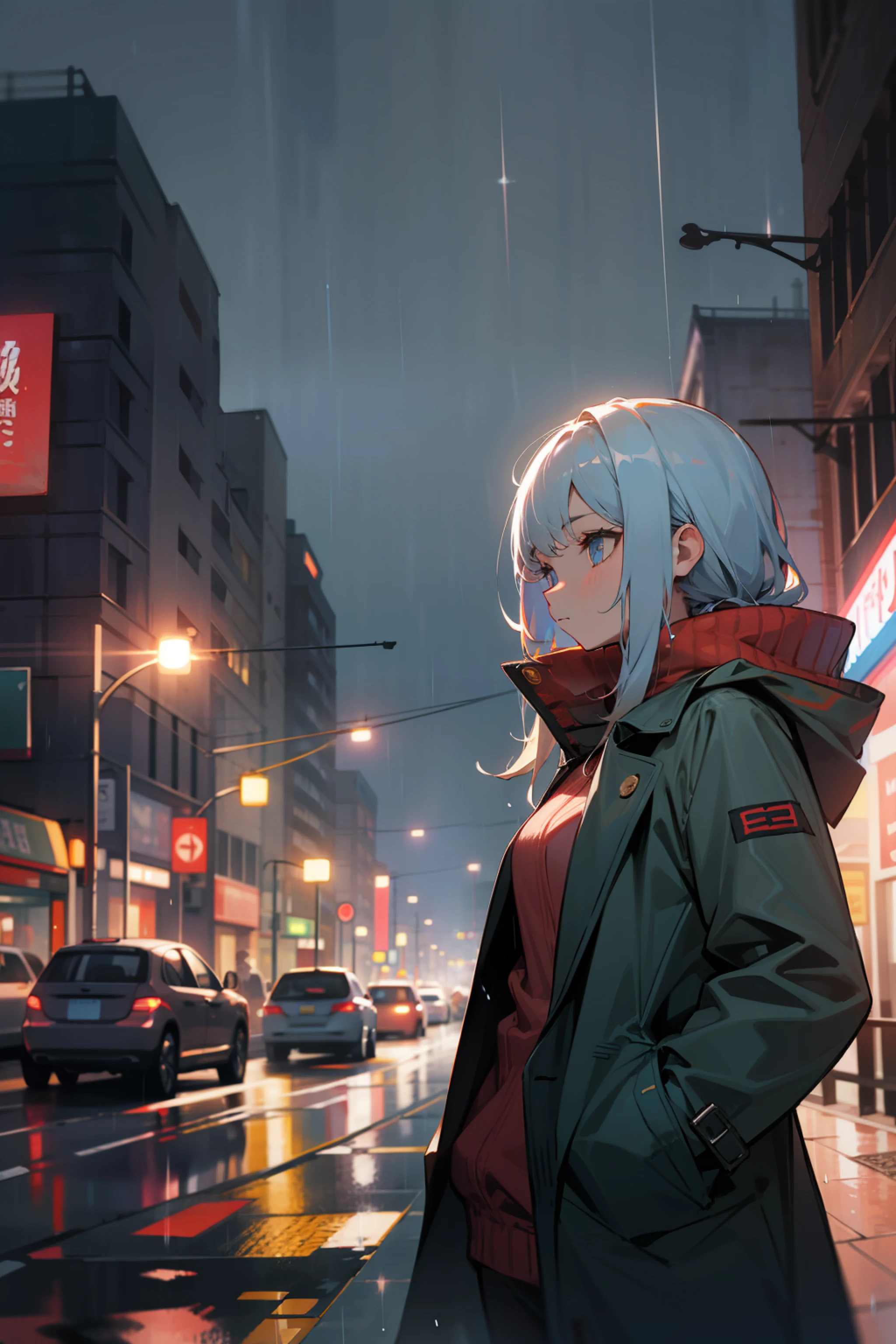 1 girl, night city, rain, coat, hands in pockets