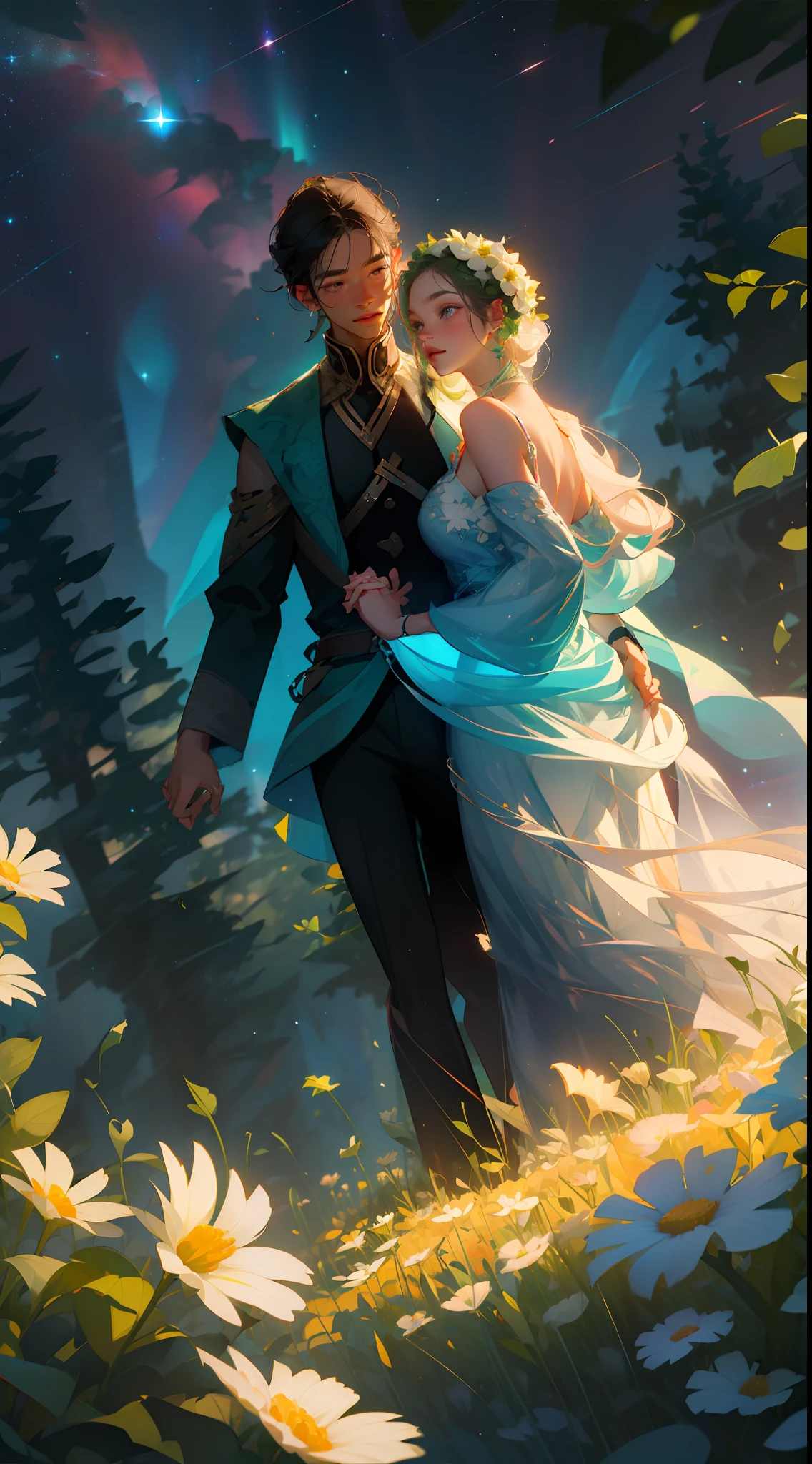 Masterpiece, high quality, guy and girl holding hands, Ukrainian symbols, Ukrainian national costumes, boho style, in transparent, neon garland, nights, neon lights, romance, happiness, love, lovers, holiday, plants, starry sky, galaxies, magic around them, magic, magic, flowers, fern, beautiful sunset, fun, flower arrangements, wreaths of flowers on the head, river, forest, flower meadow, willow, willow trees,  8k, multi-colored, full-color pattern,