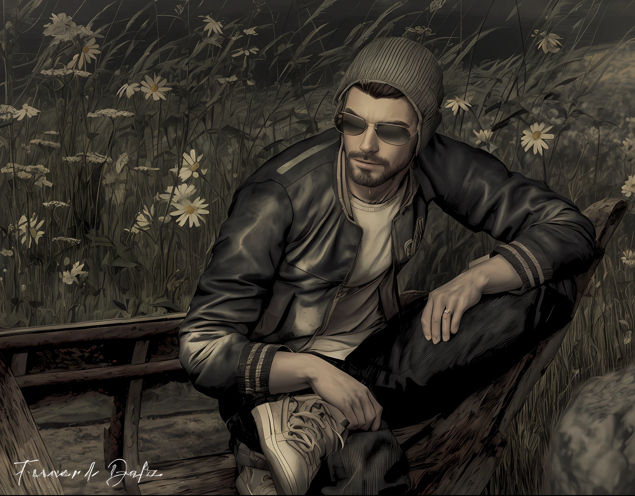 there is a man sitting on a bench in a field of flowers, in the cyberpunk countryside, sitting down, dark but detailed digital art, digital art!!, inspired by Eglon van der Neer, inspired by Aleksander Gine, [ digital art ]!!, inspired by Ludovit Fulla, inspired by Jacob de Heusch, in style of digital painting