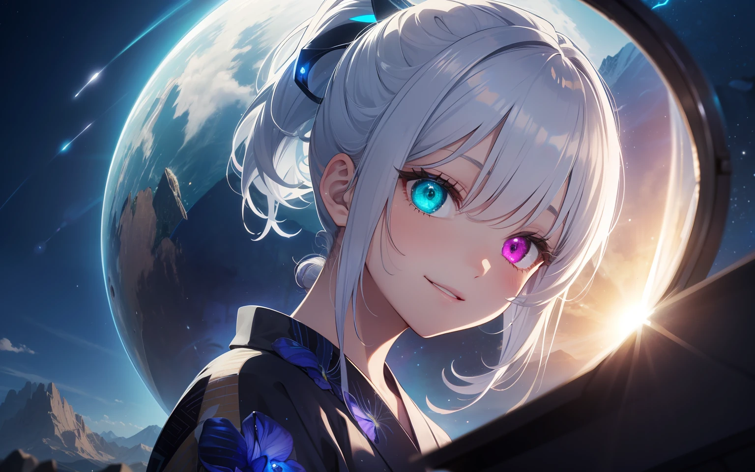 masterpiece, Top Quality, Photorealistic, Ultra Detail, Delicate, Orderly, High Detail, Bluish-Silver Ponytail, (drooping heterochromia iris:1.3),,10 yearsassing,Smile,Slender,Cowboy shot, Blurred background,(One Girl:1.1),Game CG,Dynamic Angle,(Bioluminescent hair,Glowing eyes:1.2), ambient occlusion, ambient light, ray-traced reflection, glow, glowing aura, glowing hair, in the mountains, yukata, milky way, half starry sky image