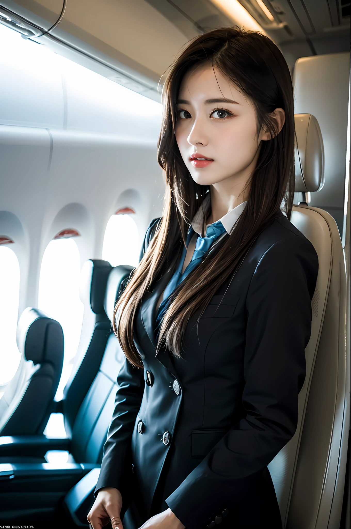 best quality, masterpiece, 8k, ultra high res, (photorealistic:1.4), highly detailed, intricate detail, delicate and beautiful, good lighting, professional lighting, sharp focus, detailed shadows, exquisite details and textures, depth of field, unity 8k wallpaper, cinematic composition, cinematic lighting, official art, Cabin Crew, flight attendant, black pantyhose, (aircraft, (Aircraft Corridor), Aircraft seats) beautiful elegant face, detailed face, detailed eyes, realistic hair, long hair, (1girl), (standing:1.3),