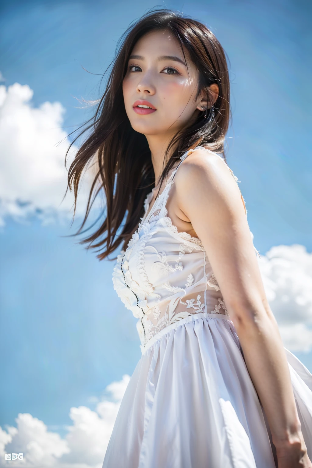 (8k, RAW photo, photorealistic:1.25) ,( lip gloss, eyelashes, glossy side, shiny skin, best quality, super high resolution, depth of field, chromatic aberration, caustics, special light, natural shadows, headwear, Kpop idol), light pink and sky blue style, (real: 1.2), 1girl, (orange sky: 1.5), tall and thin beauty goddess, flowing dress, conservative girl, cloud goddess, flowing white fabric, Wearing a flowing dress, (background with blue sky and white clouds: 1.4), (wind: 1.5), (full body: 1.5), zydG