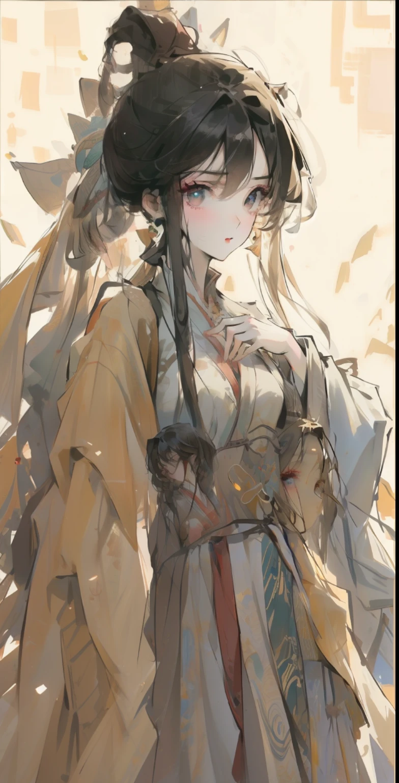 masterpiece, best quality, ((willow trees)), upper body, 1girl, standing, hanfu, detailed eyes, medium breasts, peaceful, looking at viewer, black hair,