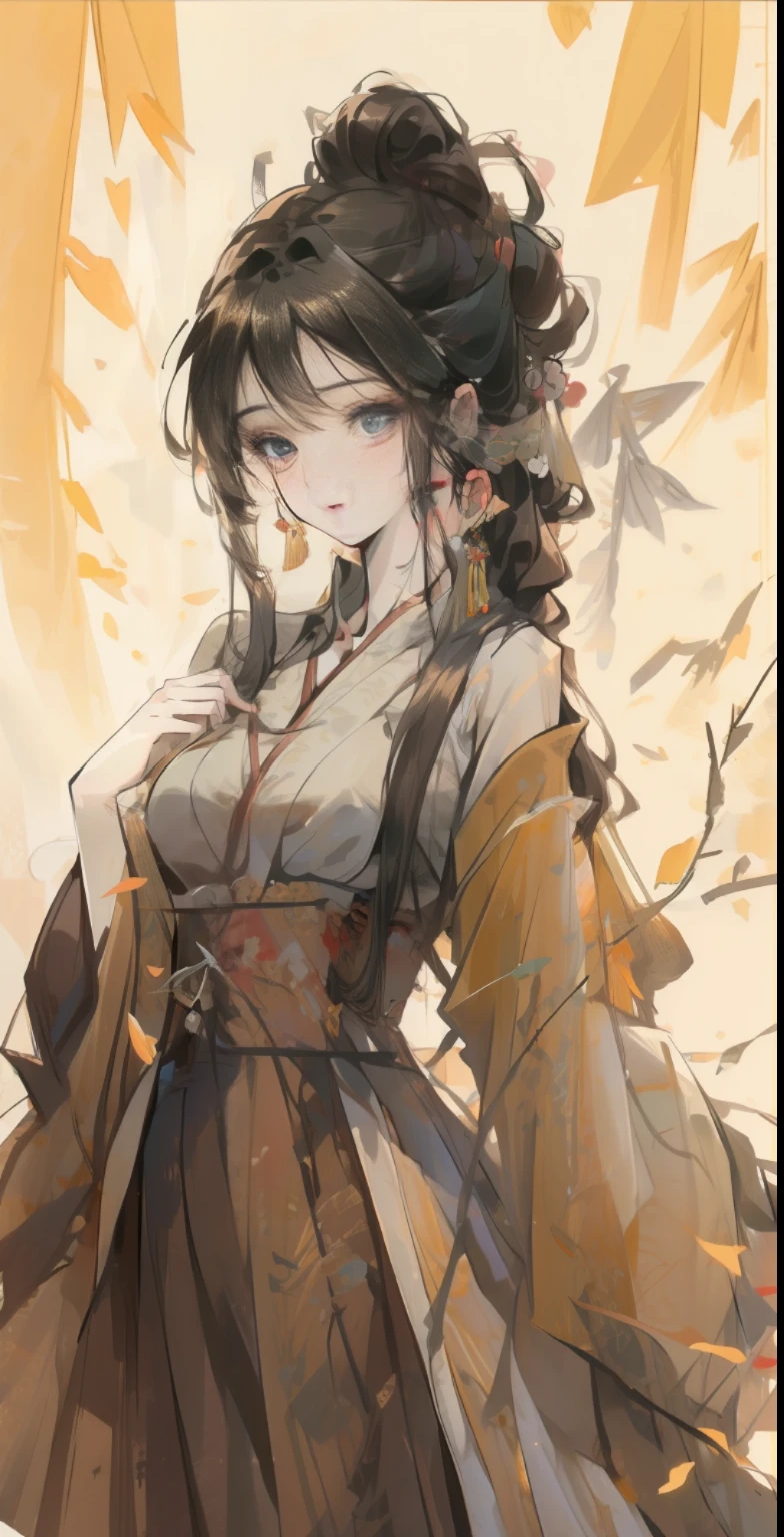 masterpiece, best quality, ((willow trees)), upper body, 1girl, standing, hanfu, detailed eyes, medium breasts, peaceful, looking at viewer, black hair,