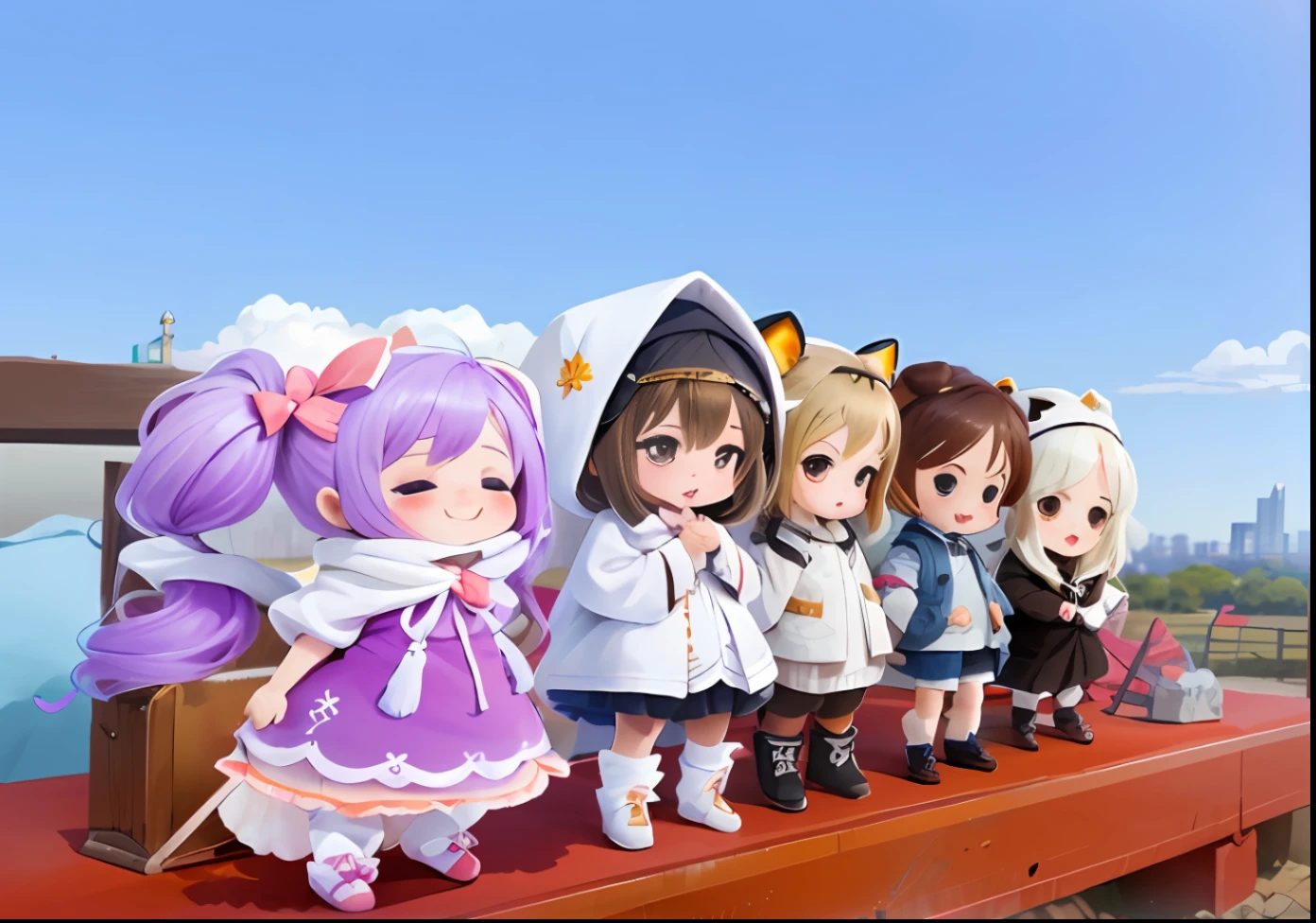 anime characters are standing in a field with a city in the background, shiny!!, happy!!!, loli, chibi, cute:2, style of maple story, sky!!!, 8k!!, wearing white robes!, 🍁 cute, group photo, ddlc, very very kawaii, kawaii chibi, nendroid, kawaii hq render