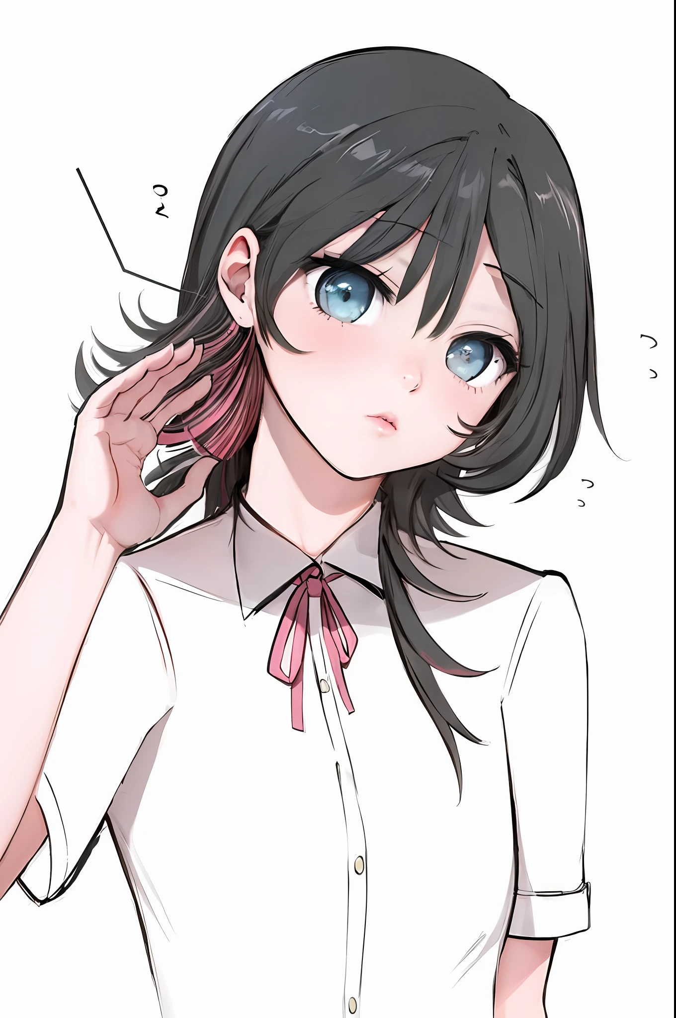 Anime girl with black hair and blue eyes in white shirt, anime girl