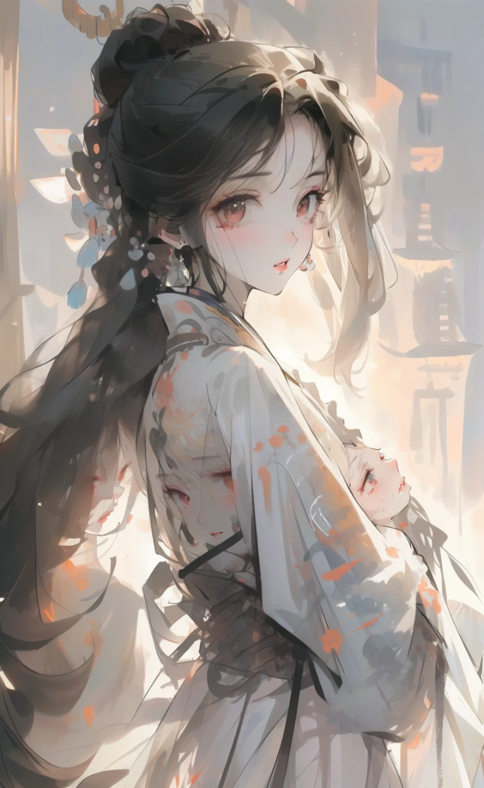 Masterpiece, Excellent, Chinese Style, Ancient China, 1 Woman, Light Gauze Dress, Ink Painting, Mature Woman, Silver and White Long Haired Woman, Hair Over Shoulder, Pale Pink Lips, Smile, Cute, Bangs, Assassin, White Clothes, Facial Details, Correct Proportions, Perfect Colors, Picture Details HD, This painting is created in Guweiz style and depicts an oil painting of a woman with long hair. The entire painting features a palette of white and black. The woman's face is very realistic female faces, which are loved by the audience. Presented in a meticulous drawing style. The women's white hair is like snow, the eyes seem to be full of watery red eyes, exuding a mysterious atmosphere, the women are dressed in elegant and exquisite clothing, and the whole painting shows a high degree of skill.
