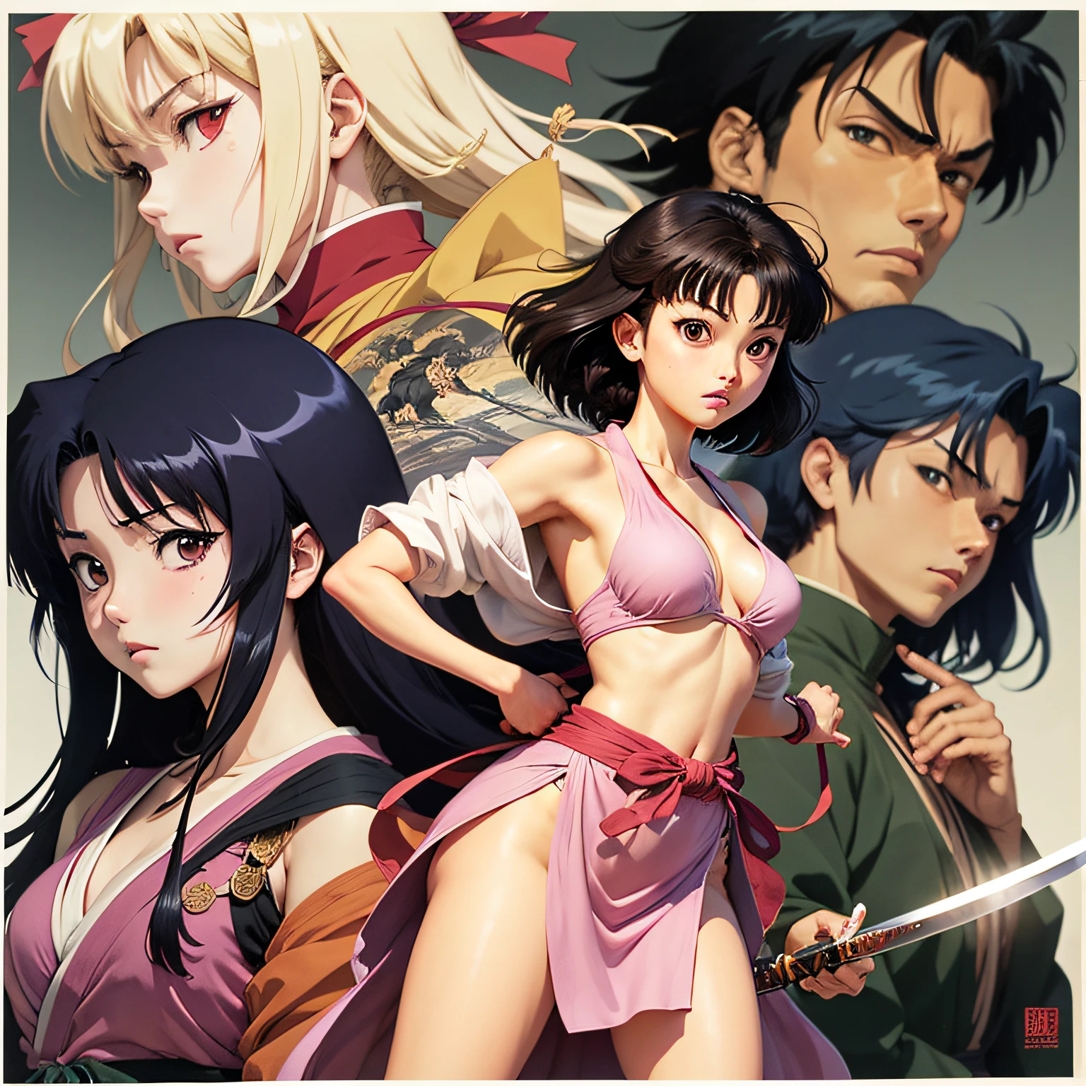 anime character with a sword and pink sash holding a ball, rumiko, from kenshin, rurouni kenshin, inspired by Kusumi Morikage, ninja scroll anime, anime style ninja scroll, inuyasha, shikishi, haruhi suzumiya, yuyushiki, 1 9 9 0's anime --auto