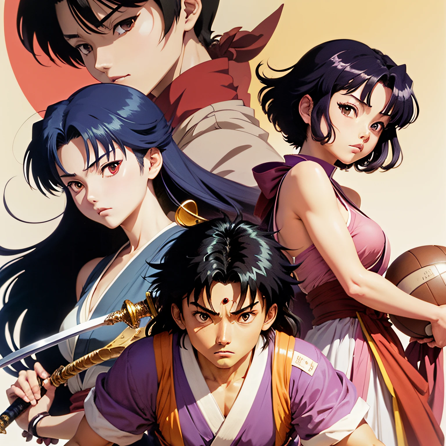 anime character with a sword and pink sash holding a ball, rumiko, from kenshin, rurouni kenshin, inspired by Kusumi Morikage, ninja scroll anime, anime style ninja scroll, inuyasha, shikishi, haruhi suzumiya, yuyushiki, 1 9 9 0's anime --auto
