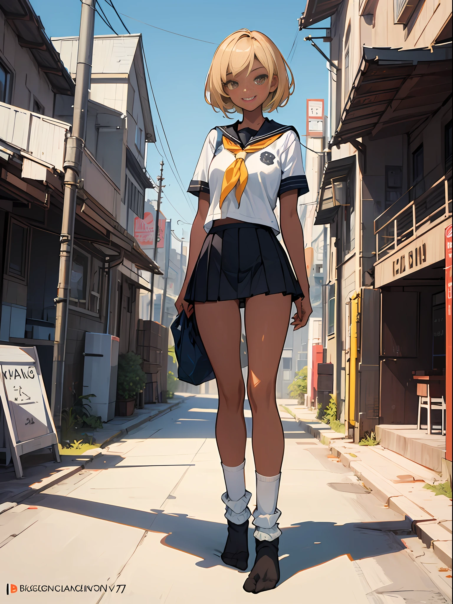 master-piece, hyper quality, hyper detailed, perfect drawing,Solo, kogal, black gal, high school student, school uniform, miniskirt: (0.7), backwards, buttocks sticking out, big round buttocks, standing figure, ((panties fully visible)), tanned skin: (1.2), cute smile, cheeky smile, tan marks: (1.5), ((((Baggy Socks))), portraits, bust ups, shooting from diagonally below, beautiful backgrounds, detailed drawings, accurate drawings.