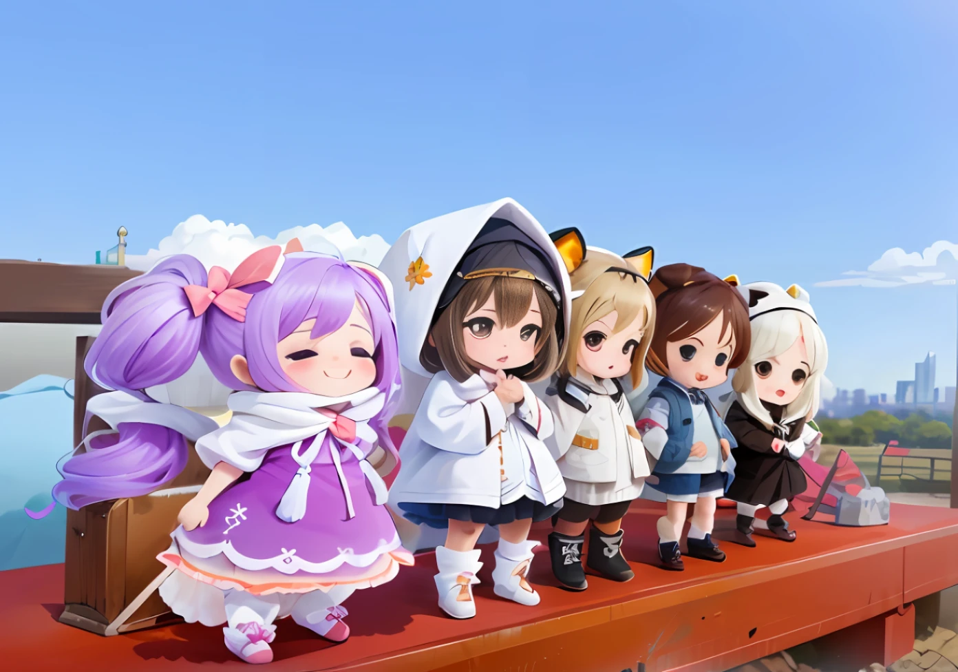 anime characters are standing in a field with a city in the background, shiny!!, happy!!!, loli, chibi, cute:2, style of maple story, sky!!!, 8k!!, wearing white robes!, 🍁 cute, group photo, ddlc, very very kawaii, kawaii chibi, nendroid, kawaii hq render