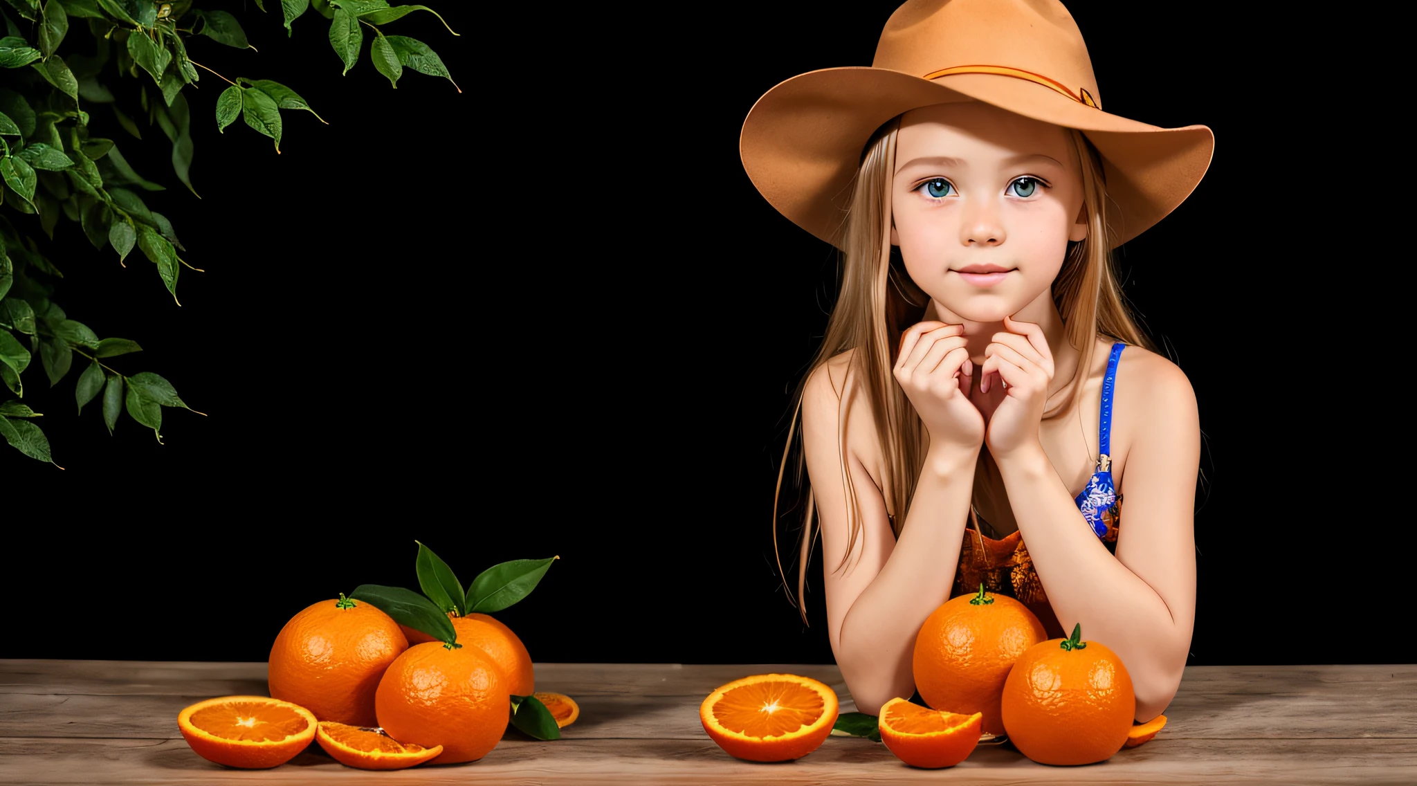  Russian child girl,e up, PORTRAIT, with long blonde hair, in a cowboy hat, many oranges with leaves on them on a table, oranges, extremely coherent orange, orange skin, orange and orange slices, orange colors, orange color, orange backgorund orange, orange, orange slices, vibrant orange, orange background, an orange, orange colors,  very orange, orange theme, orange minerals, in front of an orange background, orange plants