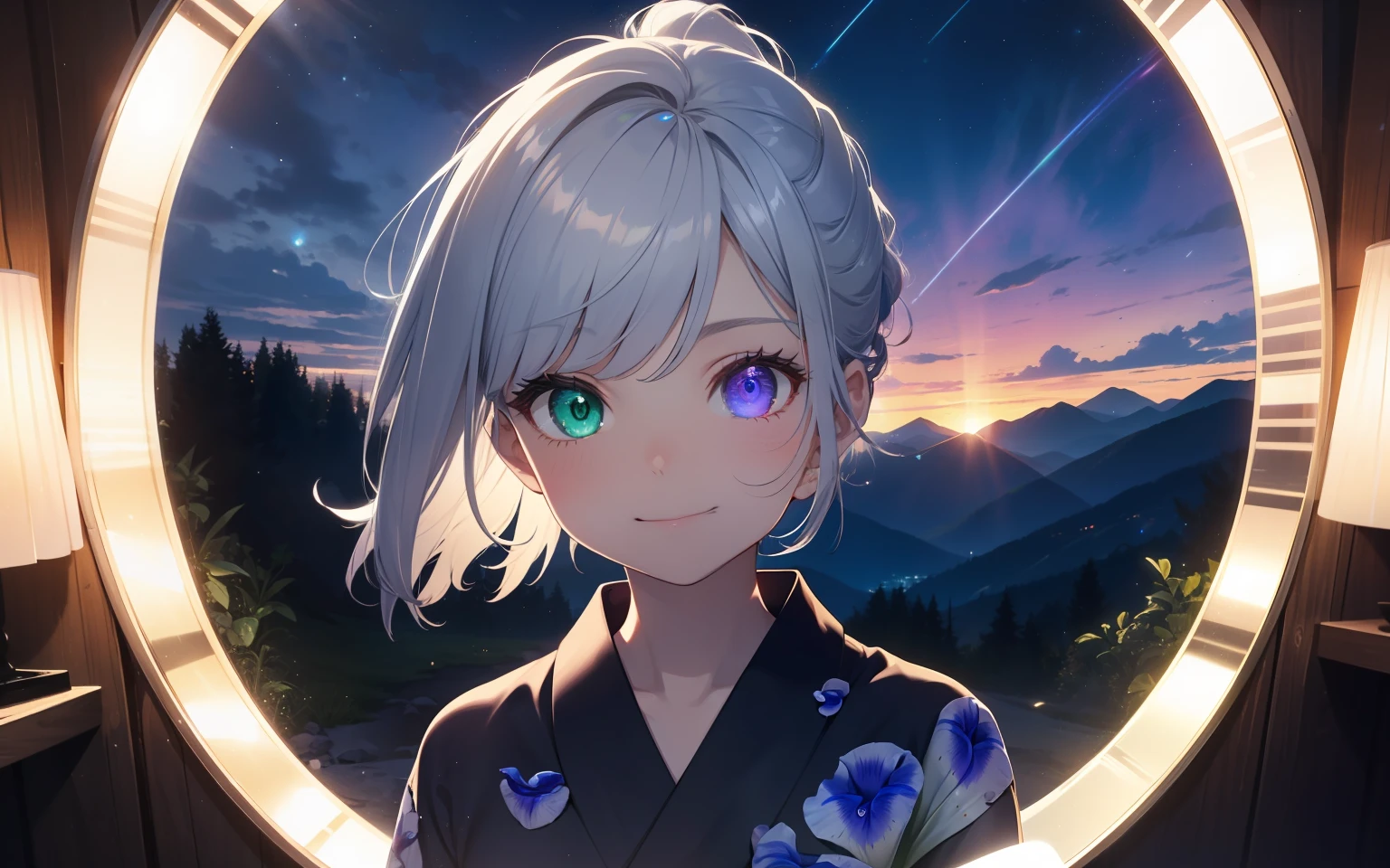 masterpiece, Top Quality, Photorealistic, Ultra Detail, Delicate, Orderly, High Detail, Bluish-Silver Ponytail, (drooping heterochromia iris:1.3),Children,10 years old, Embarrassing,Smile,Slender,Cowboy shot, Blurred background,(One Girl:1.1),Game CG,Dynamic Angle,(Bioluminescent hair,Glowing eyes:1.2), ambient occlusion, ambient light, ray-traced reflection, glow, glowing aura, glowing hair, in the mountains, yukata, milky way, half starry sky image