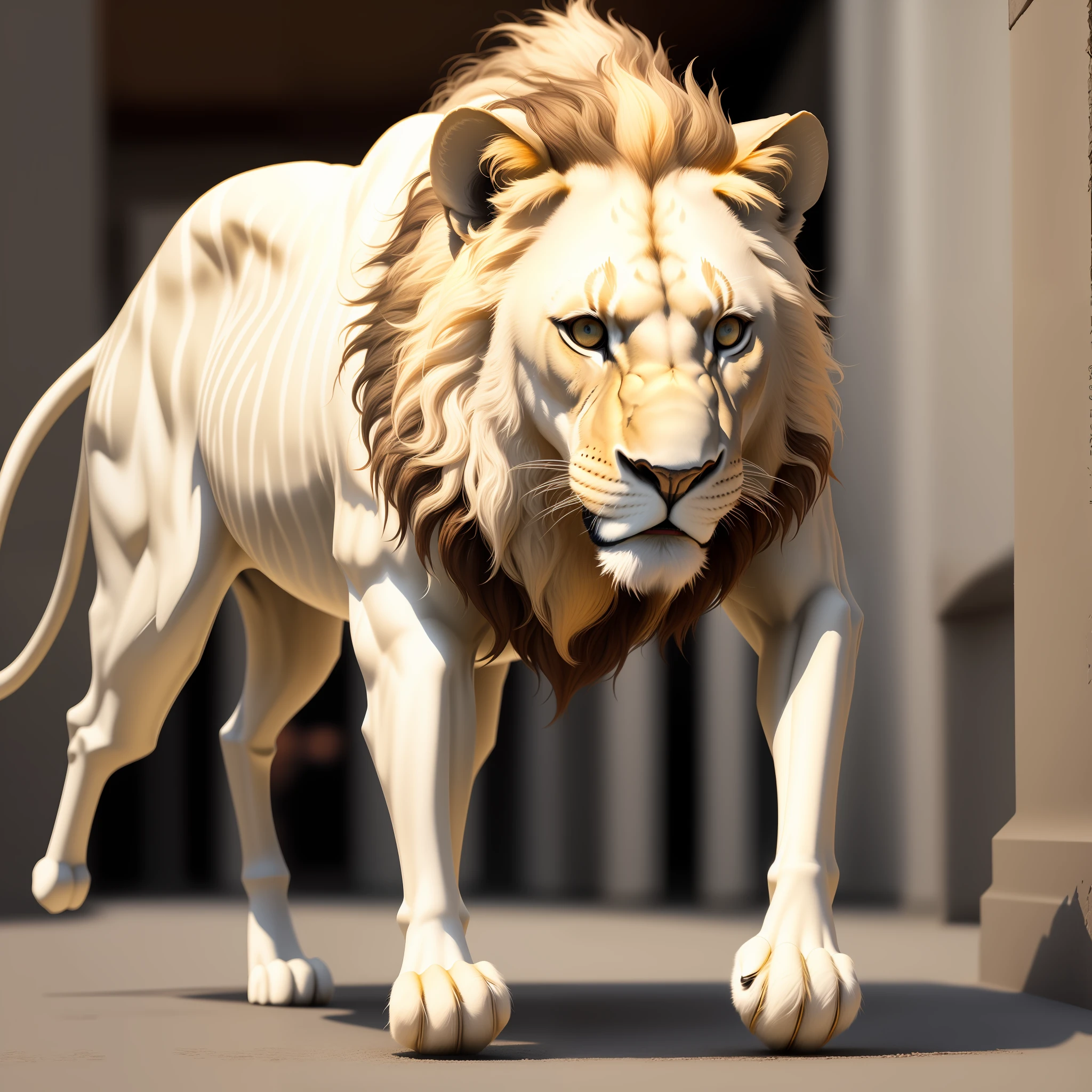 White four-legged lion, savannah walk, full body, centered position, 3D image, warm 16 K, 35 mm lens F/1.18, wide angle