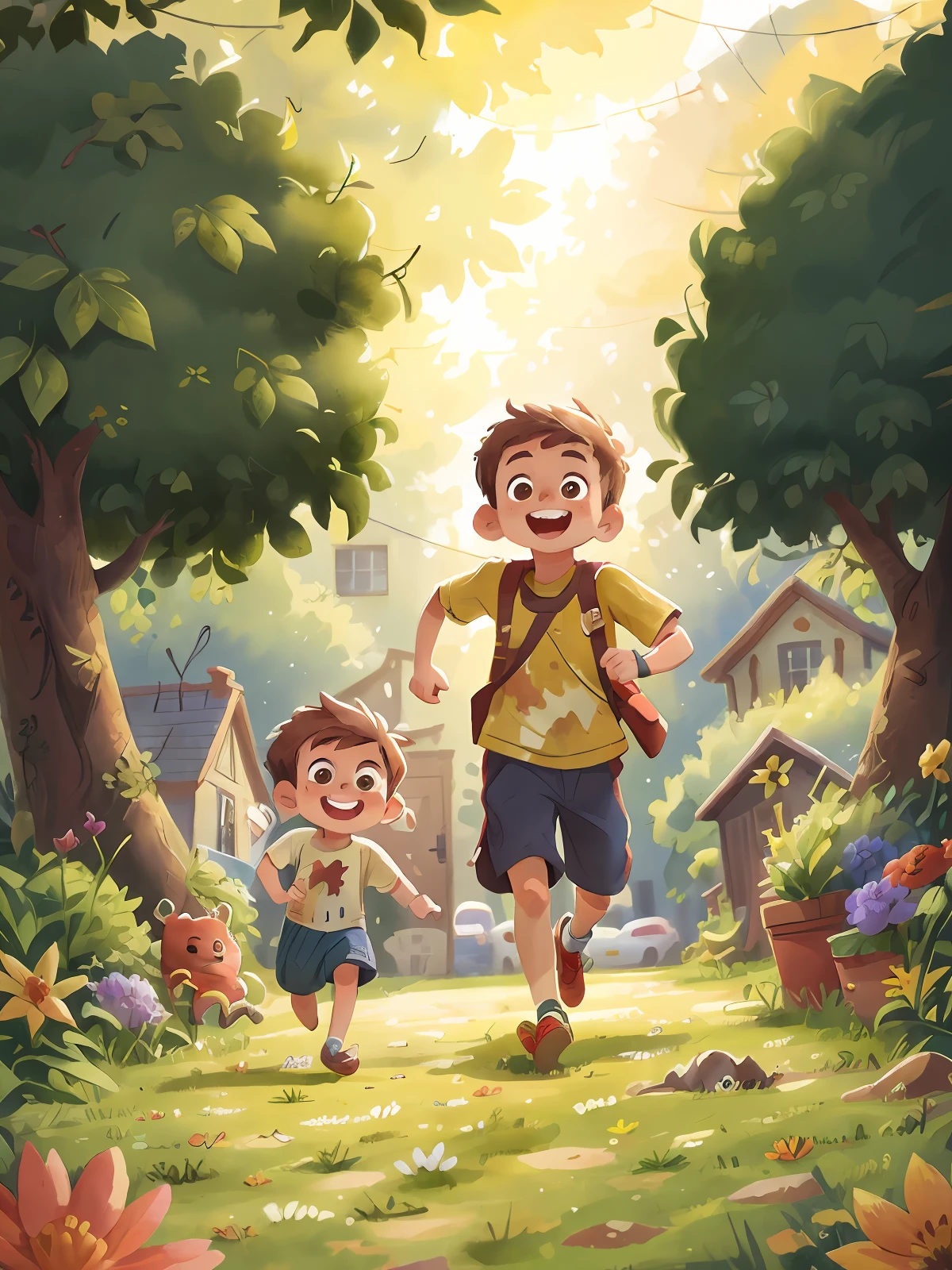 Watercolor. boy, one and younger, with brown hair, smiling, very happy, running, seen from the back, different clothes , Full-length, the background is a beautiful and cozy country house, garden with flowers, sunny, perfect quality, (mess-house: 0.8), (masterpiece: 1.2) (Realistic: 1.2) (Bokeh) (Best quality ) (Detailed skin : 1.3) (Intricate details) (8K) (Detailed eyes) (Sharp focus), (Happy)