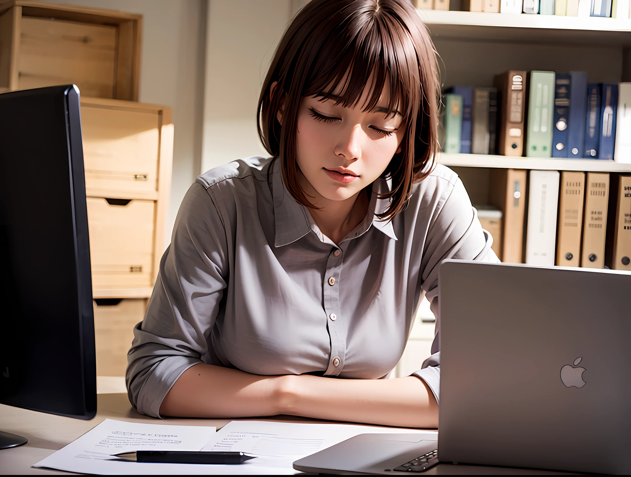 Female employee is dozing off in the office