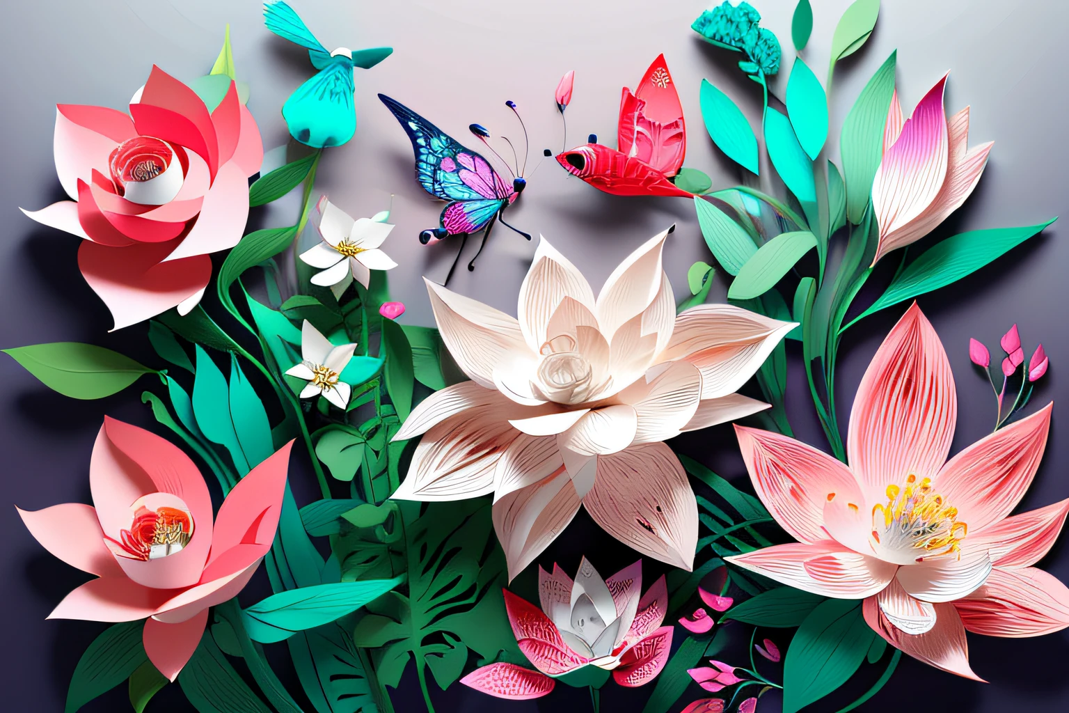realistic, (best quality, masterpiece: 1.3), illustration, large butterfly in center, floating in gardenias, cloudy sky, paper_cut, pattern, background of pink colors