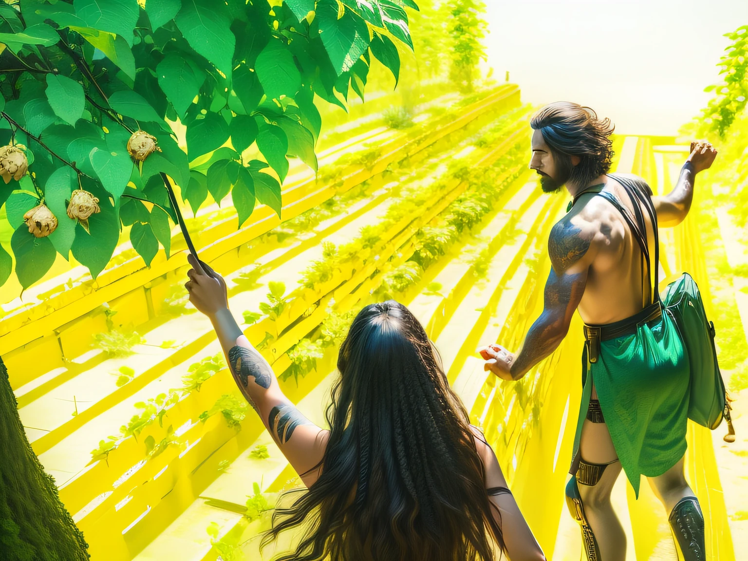( portrait man and woman, representing Adam and Eve, with clothes of fig leaves, fleeing from a flash of light with the silhouette of a man, biblical illustration, realism, beginning of time, beautiful place, trees, plants, garden, birds, rivers and lakes, silhouette ) , ( epic, realistic), (neutral colors: 1.2), ( hdr:1.4), ( soft colors: 1.2), hyperdetailed, (artstation:1.4 ), (cinematic) (complex detail:1.1) --auto --s2