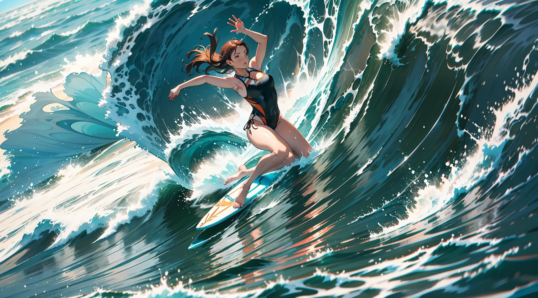 Draw an energetic maiden in the middle of the waves, using bright colors such as yellow, red or orange to highlight her vitality.
Drawing the body pose of a maiden, she can stand on a surfboard with her hands held high to show her enthusiasm and bravery.
Pay attention to drawing the girl a suitable outfit, such as a swimsuit or surf suit, to make her look more in line with the theme of surfing at the beach.
Draw the waves and use curves and wave shapes to create a sense of movement and speed in surfing.
Add details to the picture, such as seagulls, splashes of waves, sunlight projection, etc., to add layering and realism to the overall sense of realism.
Finally, the picture is carefully examined, retouching the necessary details to make the painting more refined and vivid.