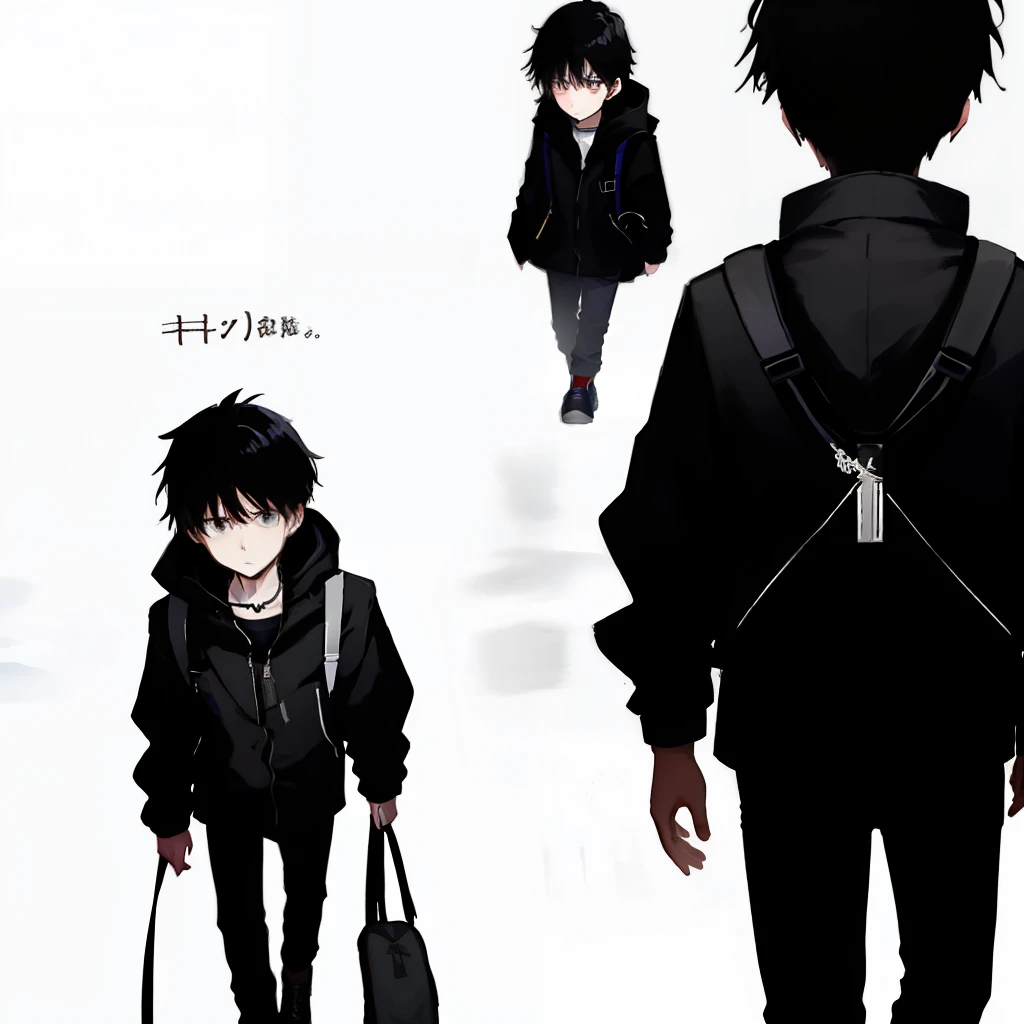 The boy walked slowly on the path.

He wears a plain black jacket with zips that close to the neckline, black jeans, black canvas shoes, and a black backpack cross-body