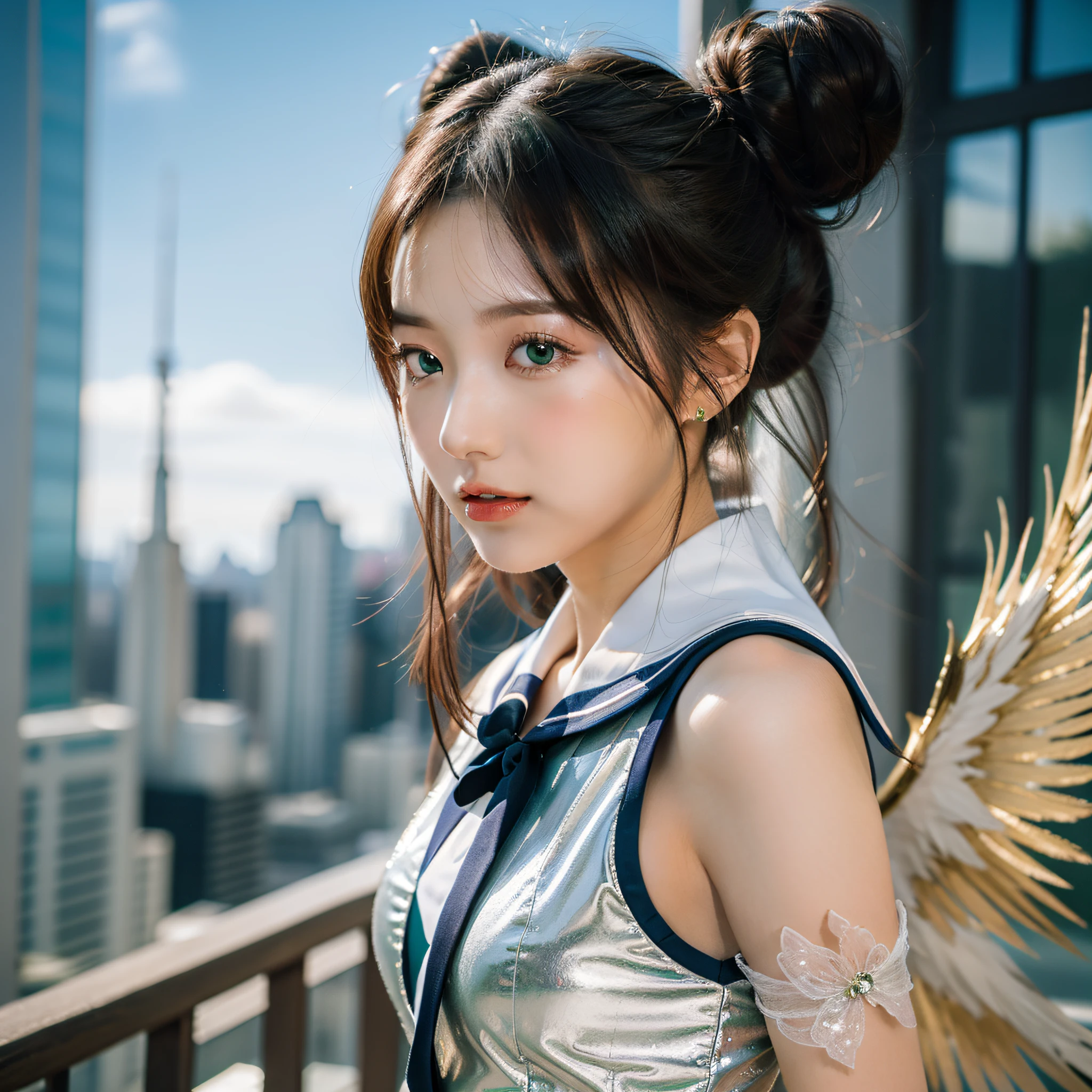 Masterpiece, best quality, ultra detailed, high resolution, super cute face, super beautiful green eyes , super beautiful hair, sailor moon outfit, super cute wings, super sexy, idol, ulzzang, most beautiful girl, bun on the head, bun on the suit, exaggeratedly beautiful, in a super beautiful and futuristic city