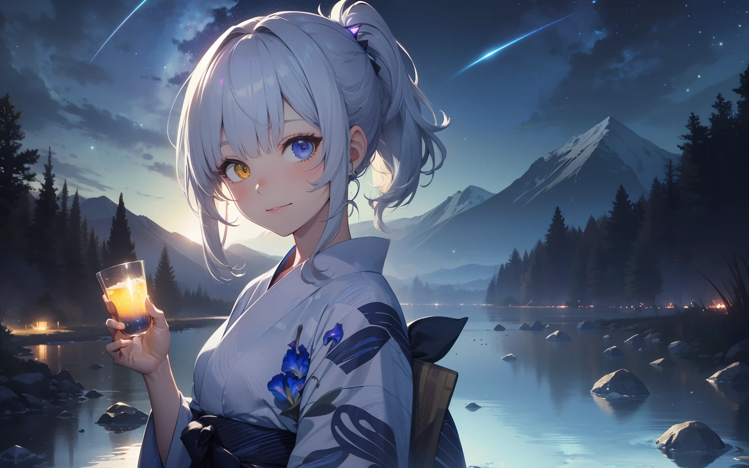 masterpiece, Top Quality, Photorealistic, Ultra Detail, Delicate, Orderly, High Detail, Bluish-Silver Ponytail, (drooping heterochromia iris:1.3),Children,, Embarrassing,Smile,Slender,Cowboy shot, Blurred background,(One Girl:1.1),Game CG,Dynamic Angle,(Bioluminescent hair,Glowing eyes:1.2), ambient occlusion, ambient light, ray-traced reflection, glow, glowing aura, glowing hair, in the mountains, yukata, milky way, half starry sky image