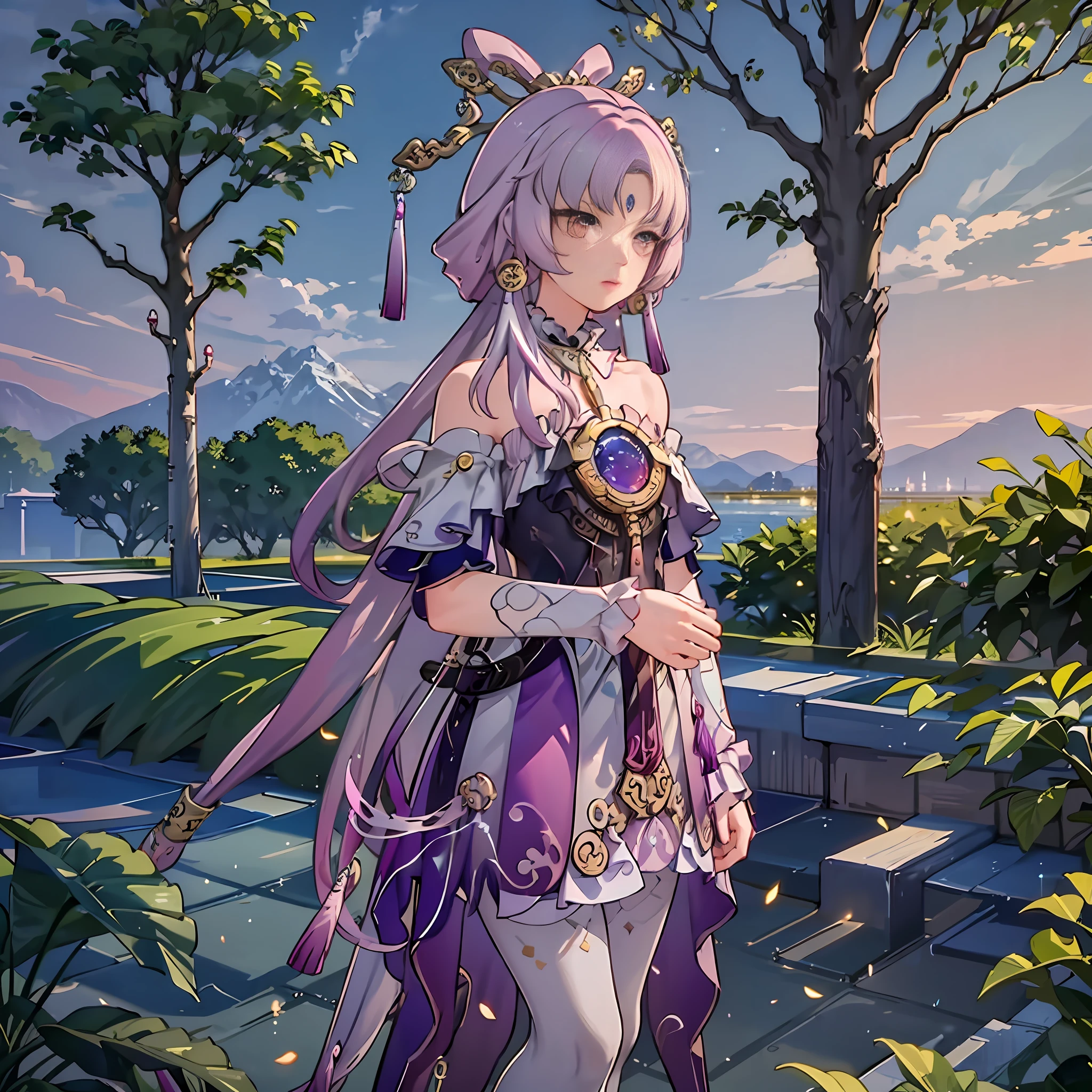 A girl standing on a flower field looking up,, delicate background, distant mountains, trees BREAK production art, (warm light source: 1.2), intricate details, volumetric lighting BREAK (masterpiece: 1.2), (best quality), 4k, super detailed, rich in detail, (luminous, atmospheric lighting), (solo: 1.2), especially many details, delicate hair, messy hair, smile, sunset, hanfu, short skirt,