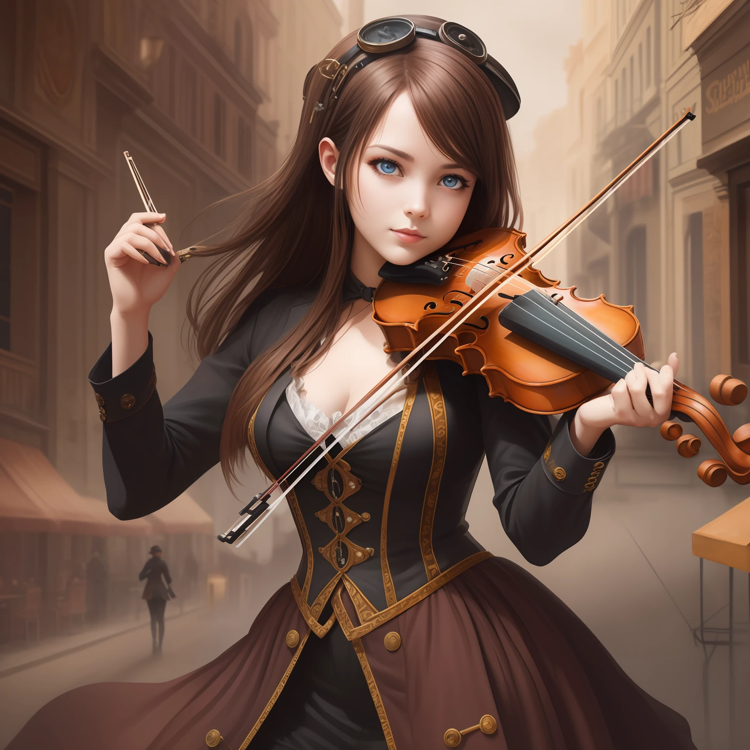 Steampunk violinist, against the background of a fantastic steampunk city, steampunk girl playing the violin, expressive eyes, perfect face, steampunk clothes, dynamic scene, dynamic light, high quality, digital painting.