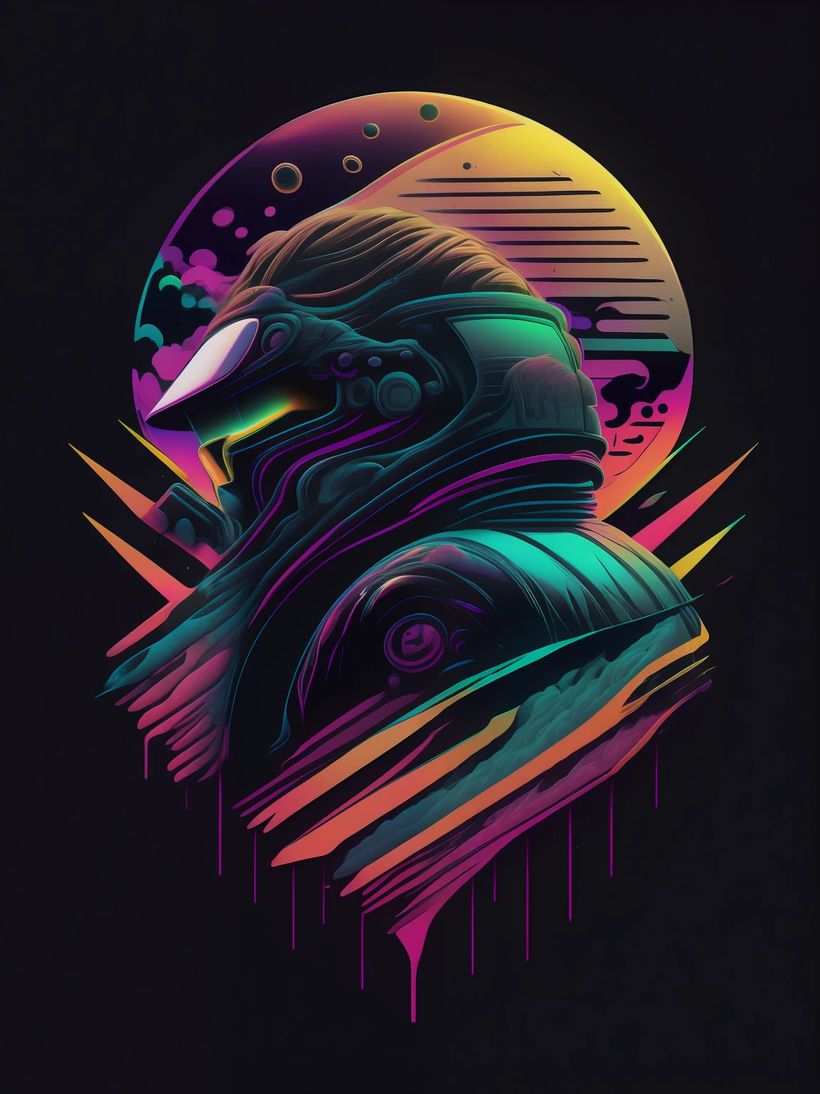 psychadelic, vector image, t-shirt design, isolated, black background, futuristic 3D illustration, black background, dirty texture, paper texture, grain texture, high definition, 8k