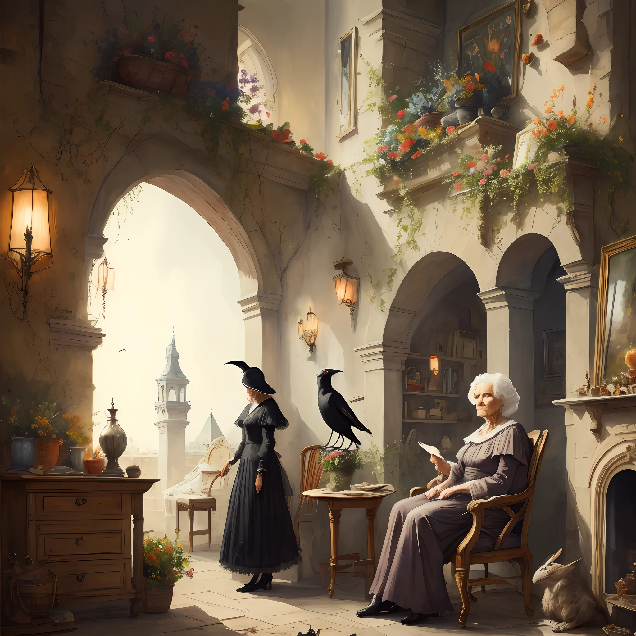 A beautiful painting of an old witch sitting in a calddirao chair in the background and she is holding a somnistro crow --auto