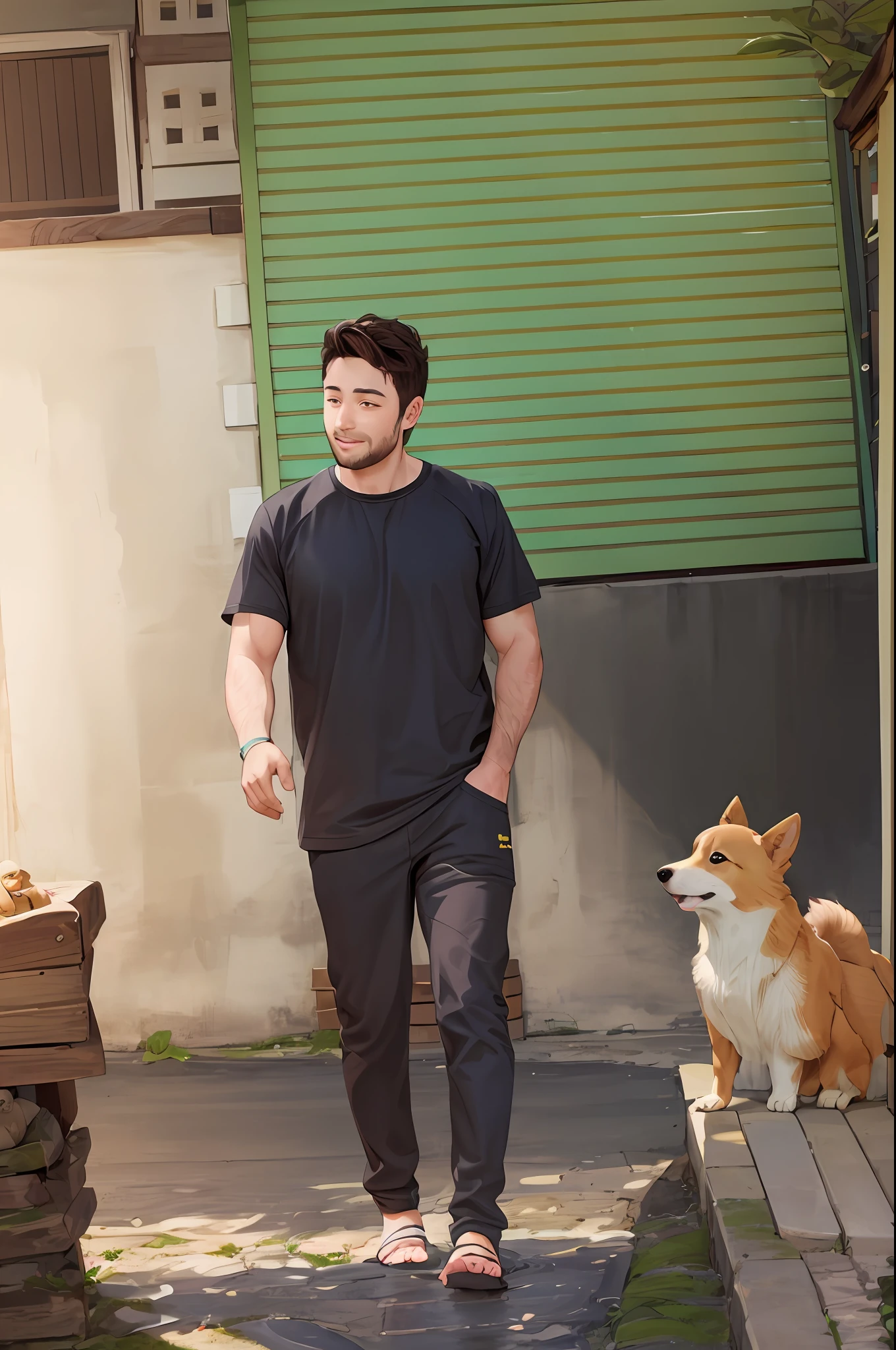 outside, garden, morning, sunny, full body,muscular male, barefoot, welsh corgi, dogs