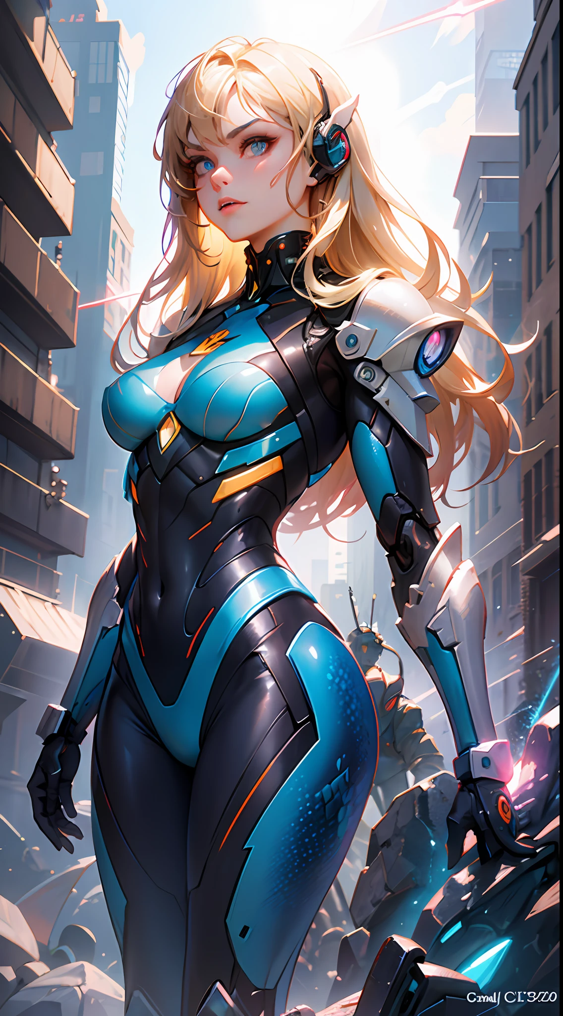 blond haired woman in futuristic suit standing in a city, girl in mecha cyber armor, artgerm julie bell beeple, mermaid cyborg with a laser whip, cushart krenz key art feminine, armor girl, karol bak uhd, artgerm craig mullins, cyborg girl, krenz cushart and artgerm, mechanized valkyrie girl