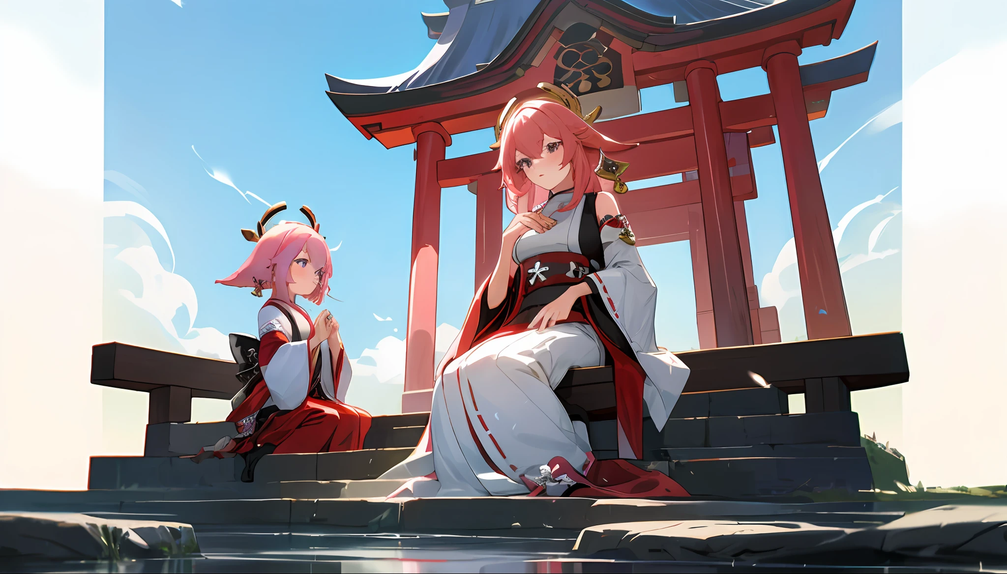 anime image of two women dressed in traditional japanese clothing in japanese shrine, palace a girl in hanfu, wlop and sakimichan, pink haired deity, characters from azur lane, anime fantasy illustration, from the azur lane videogame, genshin, artwork in the style of guweiz, miko detailed art, two beautiful anime girls, pink hair, mother and child, pray at the shrine, sitting in the temple, pray