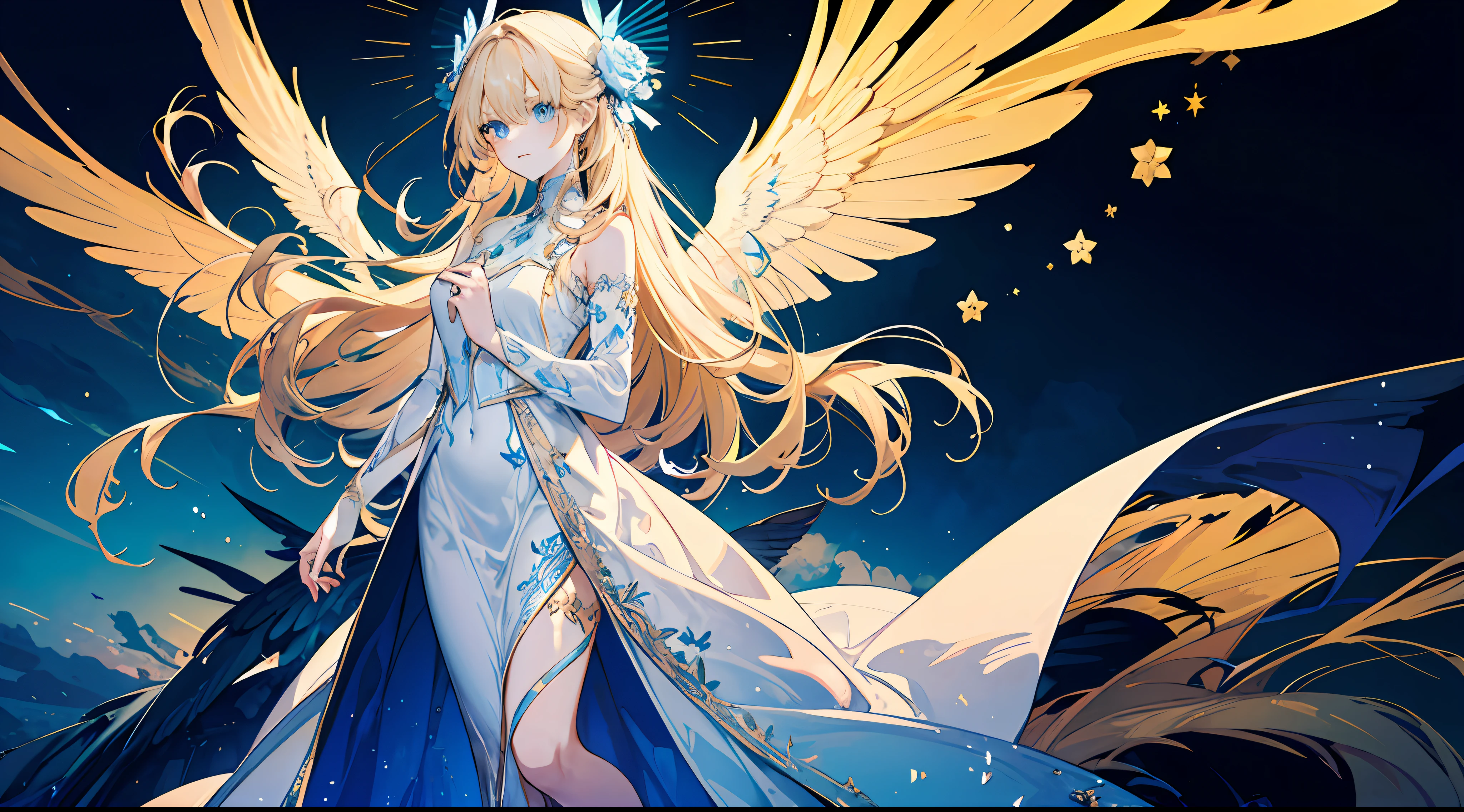 k, a libeautiful, otherworldly, elegant, blue eyes, full body, long blonde hair, simple dress, white and blue long dress, extreme details, golden streamer surrounding, angel descending, magic array, (three pairs of huge wings), masterpiece, concept art, hands open, facial details presented