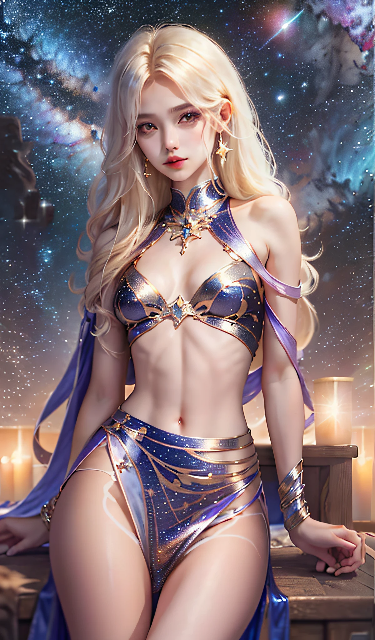 Libra: Zodiac sign, girl, starry sky, slim body, 8k, fair, harmonious, thoughtful, polite, good at socializing, easy to compromise, procrastinating, peacemaker.