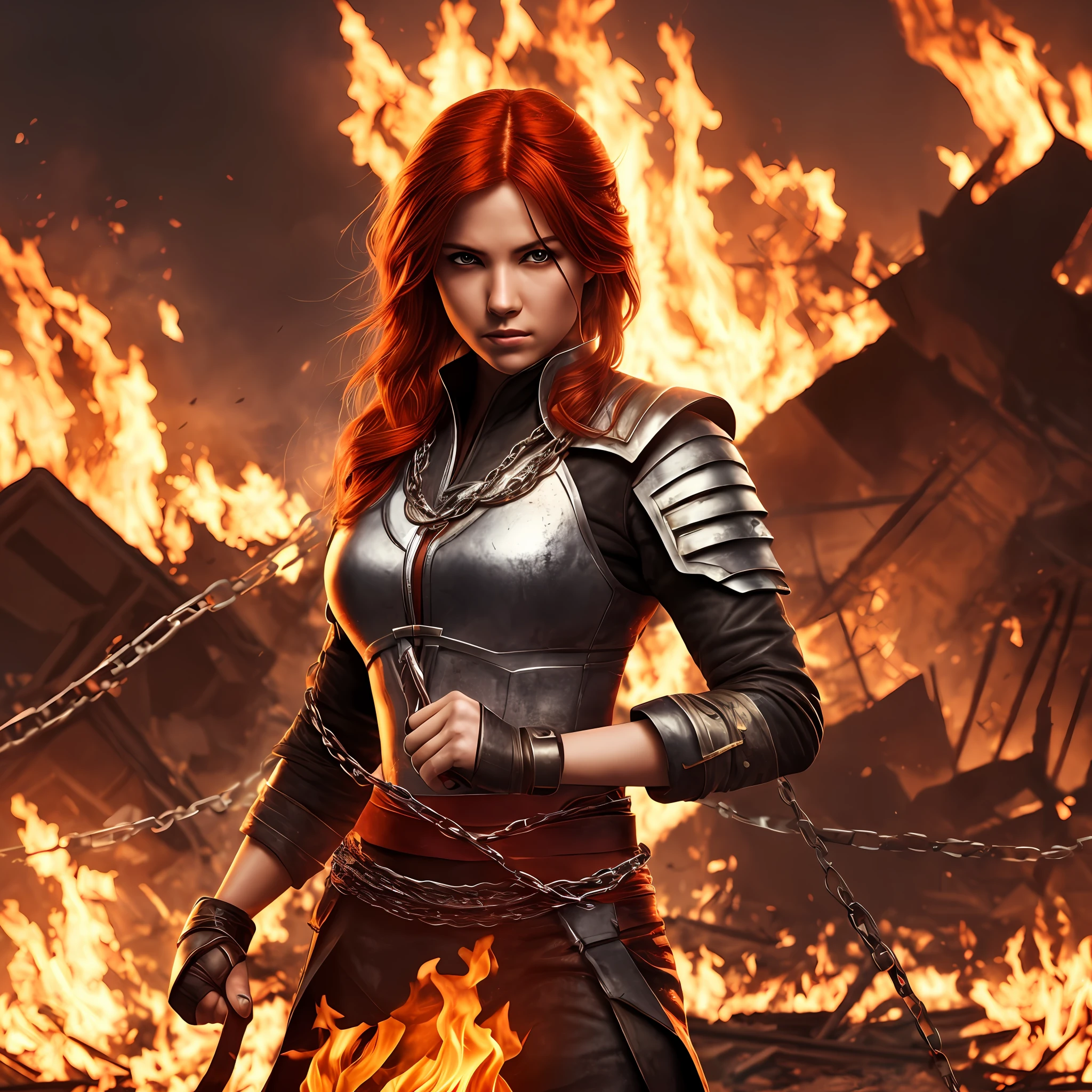 Red-haired, white-eyed woman in fighter's outfit holding a burning chain, in destroyed city, full HD, 4k, 8k, 16k, super realistic, detailed, high-definition --auto