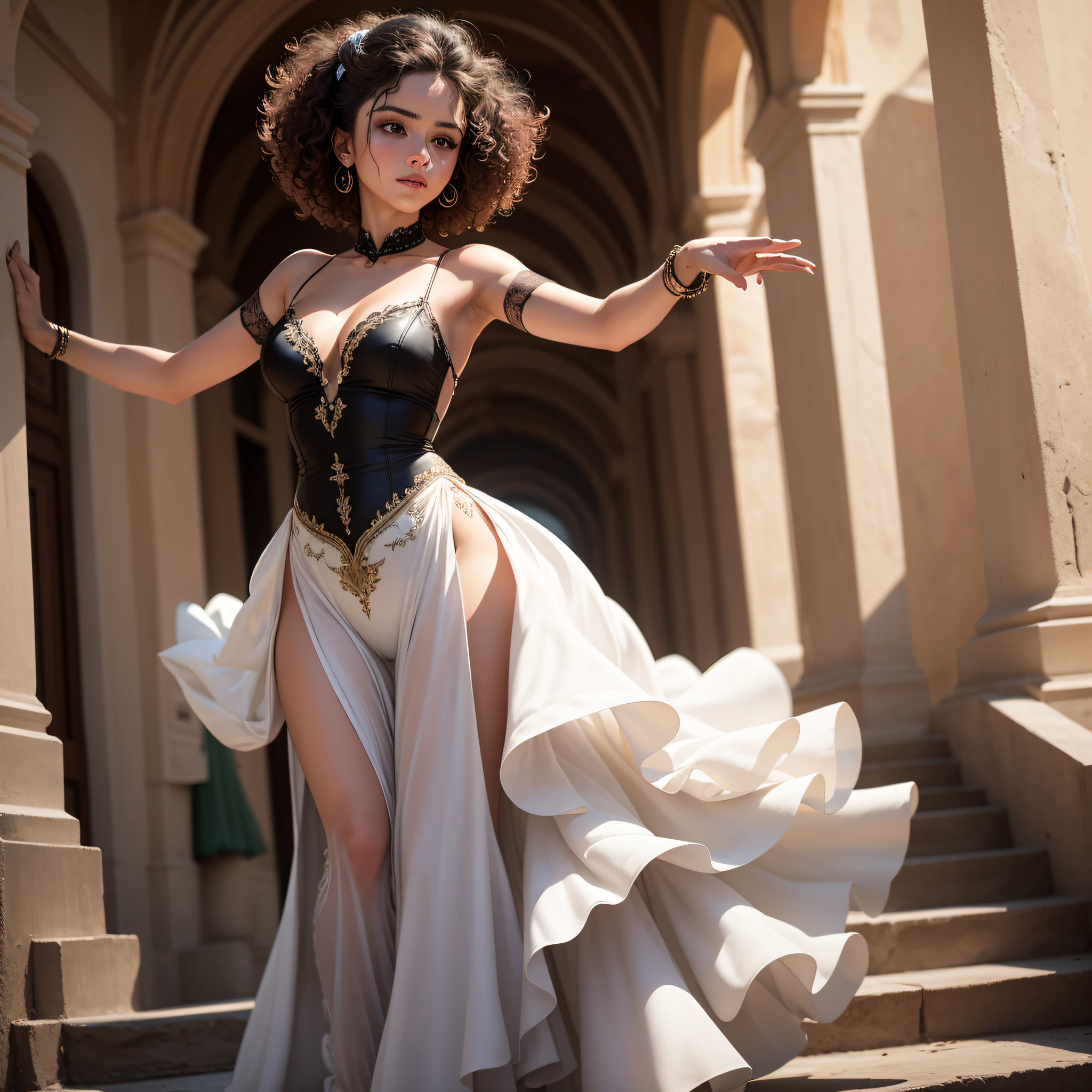 An elegant dancer performs passionate tango steps in a picturesque setting in Spain. Dressed in traditional Spanish clothing, her flamenco dress flutters as she moves gracefully. Her curly hair, radiant green eyes and smooth, flawless skin add a touch of beauty and charm to the image.