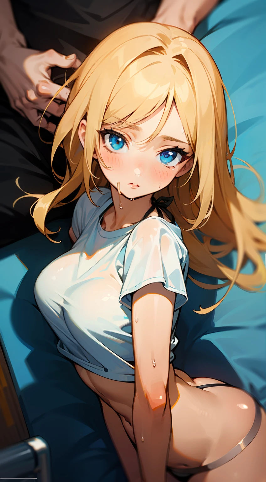 ((Masterpiece)), (Best Quality)), Illustrations, Lots of girls, Hair color, Bangs, Hairstyle fax, Portrait from the waist up, ((Average breasts)), Tanned girl, Body details, T-shirt, T-back swimsuit, Micro bikini, Girl, Dull long blonde hair, Blue eyes, Dull bangs, Lying on your back, Hands behind your back, Close mouth, Hopelessness, Portrait of face taken from crotch, Zoom to crotch, sweat, breasts pushing up clothes, smack face on buttocks, plastic bottles, wet mattresses, room cluttered with clothes