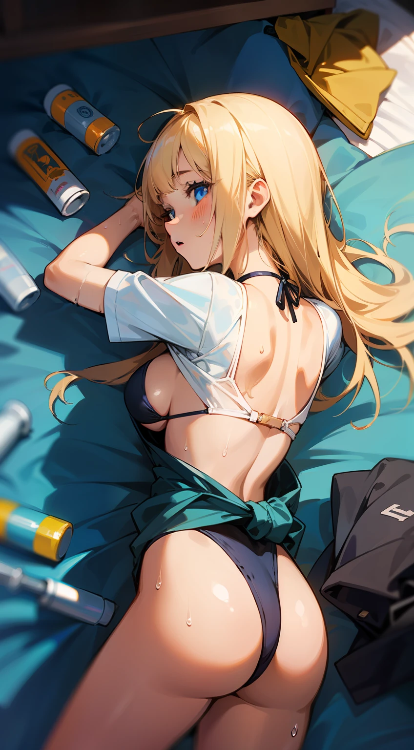 ((Masterpiece)), (Best Quality)), Illustrations, Lots of girls, Hair color, Bangs, Hairstyle fax, Portrait from the waist up, ((Average breasts)), Tanned girl, Body details, T-shirt, T-back swimsuit, Micro bikini, Girl, Dull long blonde hair, Blue eyes, Dull bangs, Lying on your back, Hands behind your back, Close mouth, Hopelessness, Portrait of face taken from crotch, Zoom to crotch, sweat, breasts pushing up clothes, smack face on buttocks, plastic bottles, wet mattresses, room cluttered with clothes