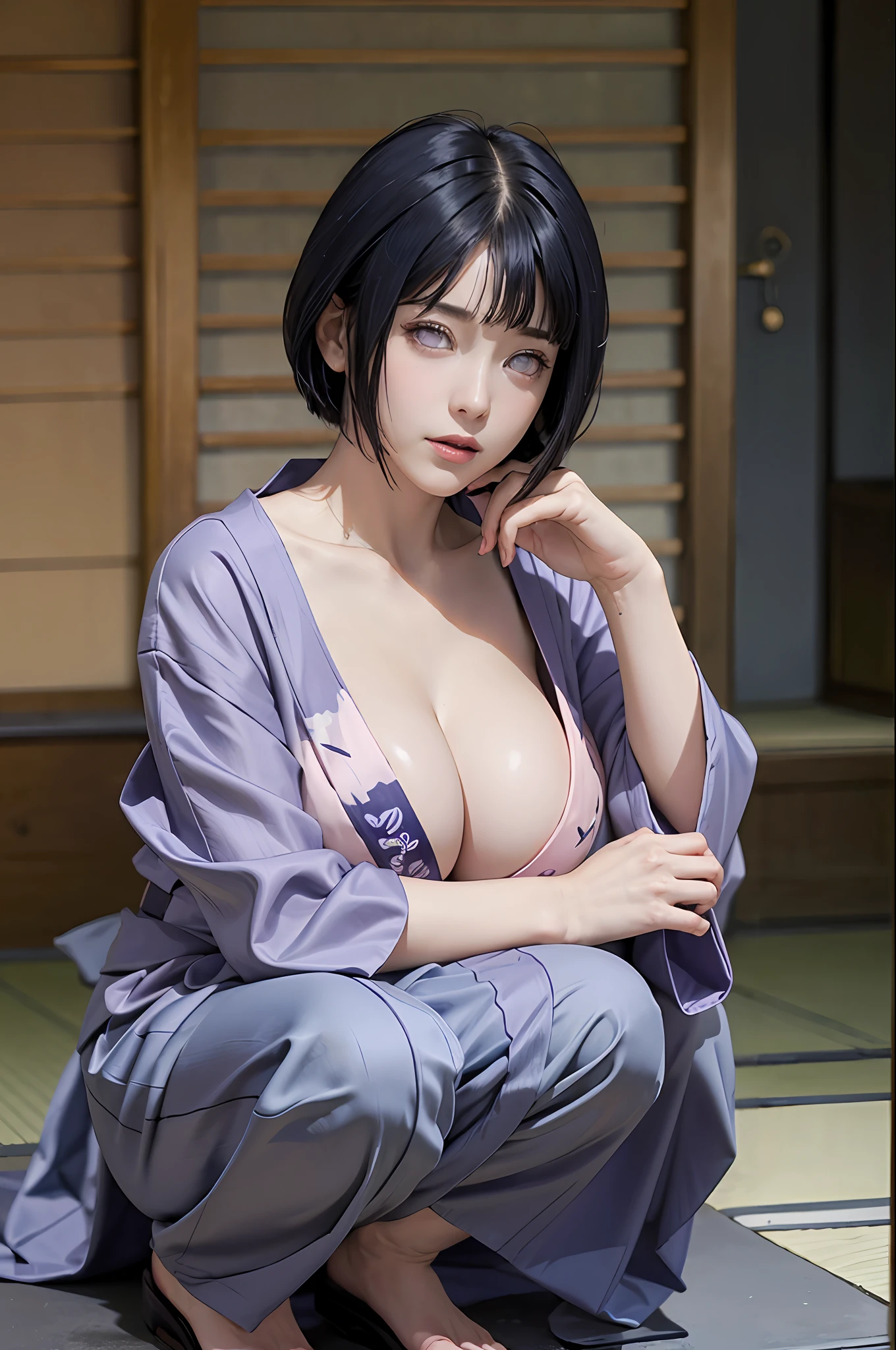 masterpiece, hinata\(boruto\), 1girl, solo, mature female, ((purple kimono)), (japanese onsen), outdoors, looking into the distance, cloudy sky, (shy face), detailed lips, japanese village, beautiful face, blush, (pink lips), ((short hair)), purple eyes, soft gaze, shy smile, super realistic, detailed, realistic face and body, realistic hair, realistic eyes, realistic nose, realistic lips, seductive, straight bangs, (((dark blue hair))), 28 years old girl, (huge breast:1.5), perfect boobs, (plump boobs), (squatting)