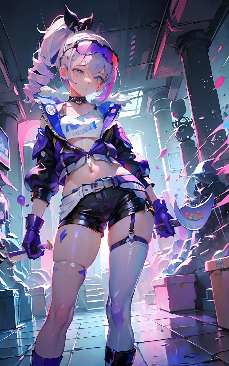 full body, 1girl, li, solo, Eye focus,Masterfully crafted Glow, pink lens flare, Cinematic background,colourful, hyper details, hdr, ultra detailed eyes, mature, plump, rainbow painting drops,(supermodel:1.3), made up from paint, entirely paint, splat, splash, indoors, (bioluminescent hair:1.1),(glowing eyes),  ((makeup)), fierce, powerful, splashes of colour absolutely eye-catching, dynamic angle, beautiful detailed glow, ambient occlusion, ambient light, raytraced reflections, retro style, living arcade characters, arcade style world, gloves, jacket,weapon, shorts, black gloves, black jacket, gun, drill hair, black shorts, eyewear on head, bubble blowing, chewing gum, (Cute face:1.3),