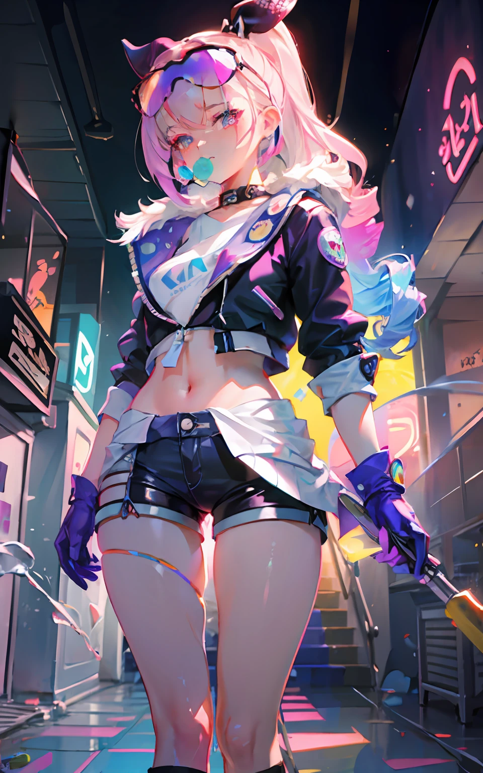 full body, 1girl, ****, solo, Eye focus,Masterfully crafted Glow, pink lens flare, Cinematic background,colourful, hyper details, hdr, ultra detailed eyes, mature, plump, rainbow painting drops,(supermodel:1.3), made up from paint, entirely paint, splat, splash, indoors, (bioluminescent hair:1.1),(glowing eyes),  ((makeup)), fierce, powerful, splashes of colour absolutely eye-catching, dynamic angle, beautiful detailed glow, ambient occlusion, ambient light, raytraced reflections, retro style, living arcade characters, arcade style world, gloves, jacket,weapon, shorts, black gloves, black jacket, gun, drill hair, black shorts, eyewear on head, bubble blowing, chewing gum, (Cute face:1.3),