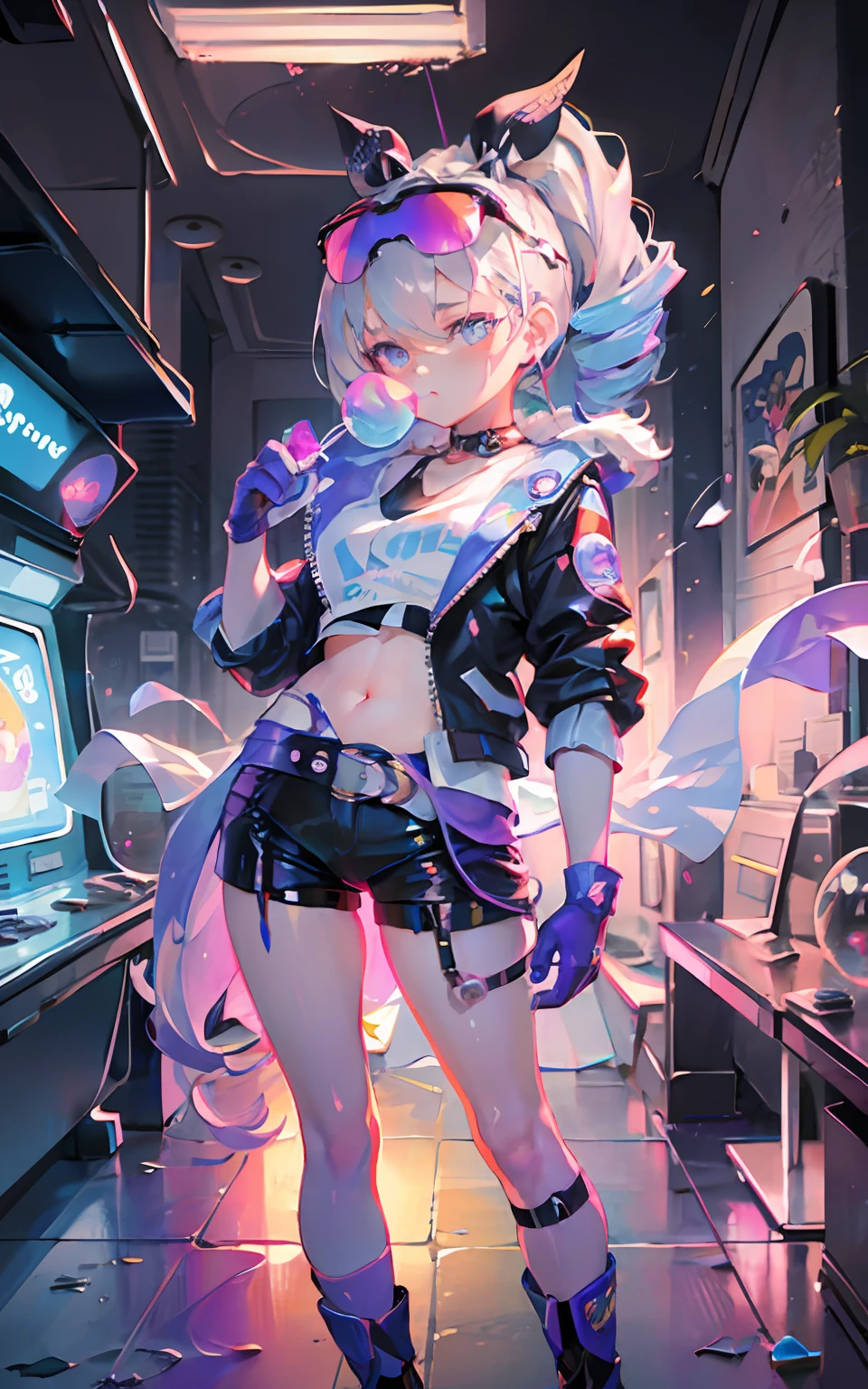 full body, 1girl, loli, solo, Eye focus,Masterfully crafted Glow, pink lens flare, Cinematic background,colourful, hyper details, hdr, ultra detailed eyes, mature, plump, rainbow painting drops,(supermodel:1.3), made up from paint, entirely paint, splat, splash, indoors, (bioluminescent hair:1.1),(glowing eyes),  ((makeup)), fierce, powerful, splashes of colour absolutely eye-catching, dynamic angle, beautiful detailed glow, ambient occlusion, ambient light, raytraced reflections, retro style, living arcade characters, arcade style world, gloves, jacket,weapon, shorts, black gloves, black jacket, gun, drill hair, black shorts, eyewear on head, bubble blowing, chewing gum, (Cute face:1.3),