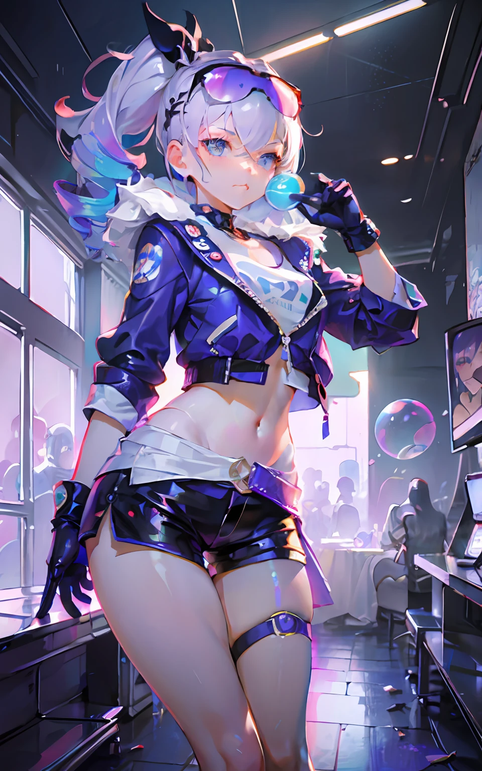 full body, 1girl, loli, solo, Eye focus,Masterfully crafted Glow, pink lens flare, Cinematic background,colourful, hyper details, hdr, ultra detailed eyes, mature, plump, rainbow painting drops,(supermodel:1.3), made up from paint, entirely paint, splat, splash, indoors, (bioluminescent hair:1.1),(glowing eyes), ((makeup)), fierce, powerful, splashes of colour absolutely eye-catching, dynamic angle, beautiful detailed glow, ambient occlusion, ambient light, raytraced reflections, retro style, living arcade characters, arcade style world, gloves, jacket,weapon, shorts, black gloves, black jacket, gun, drill hair, black shorts, eyewear on head, bubble blowing, chewing gum, (Cute face:1.3),