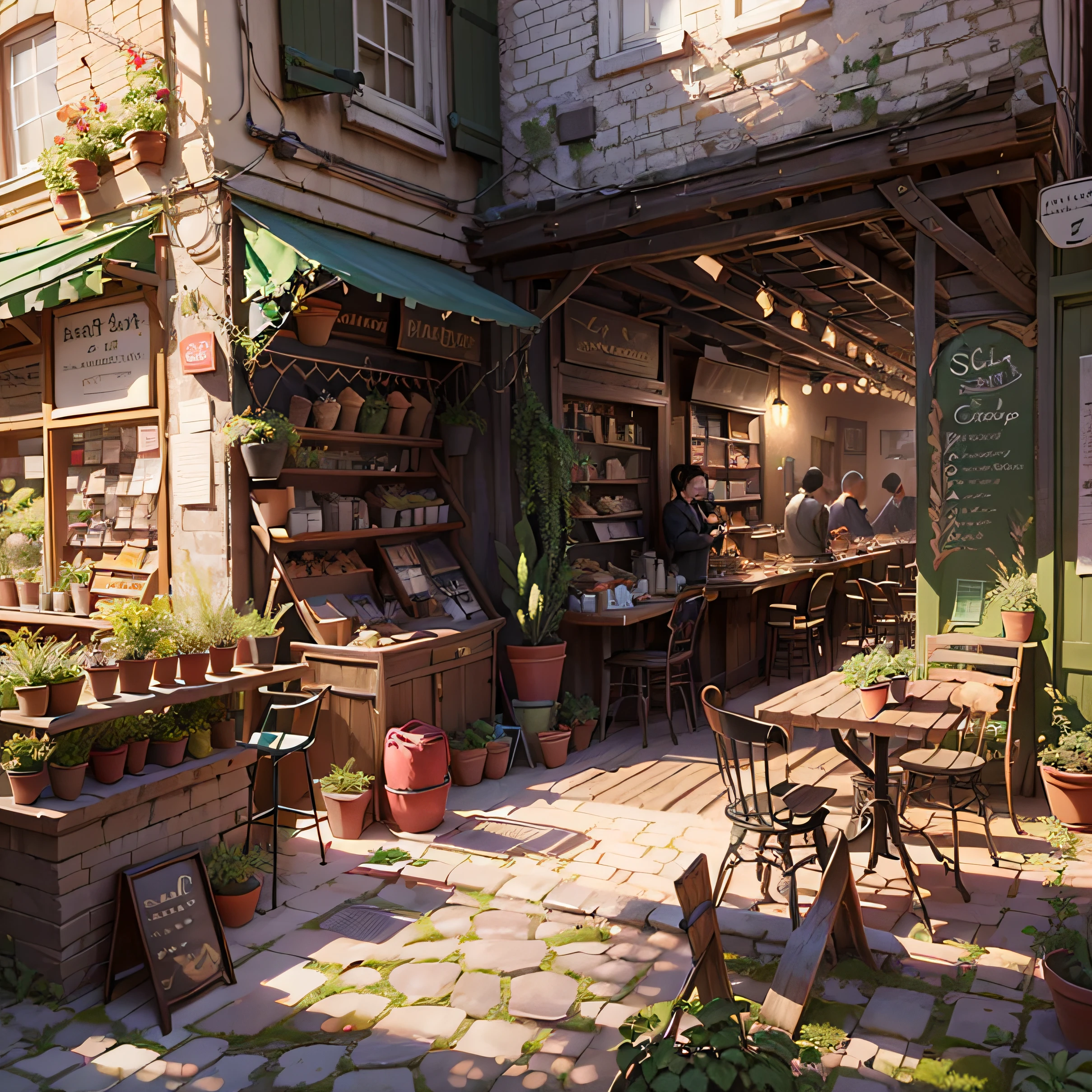 Marché aux Puces de Saint-Ouen, there is a patio , by senior environment artist, relaxing concept art, inspired by senior environment artist, beautiful 3 d concept art, environment art, 3 d stylize scene, cozy cafe background, anime scenery concept art, akihiko yoshida. unreal engine, anime background art, realistic 3 d style, highly detailed scene