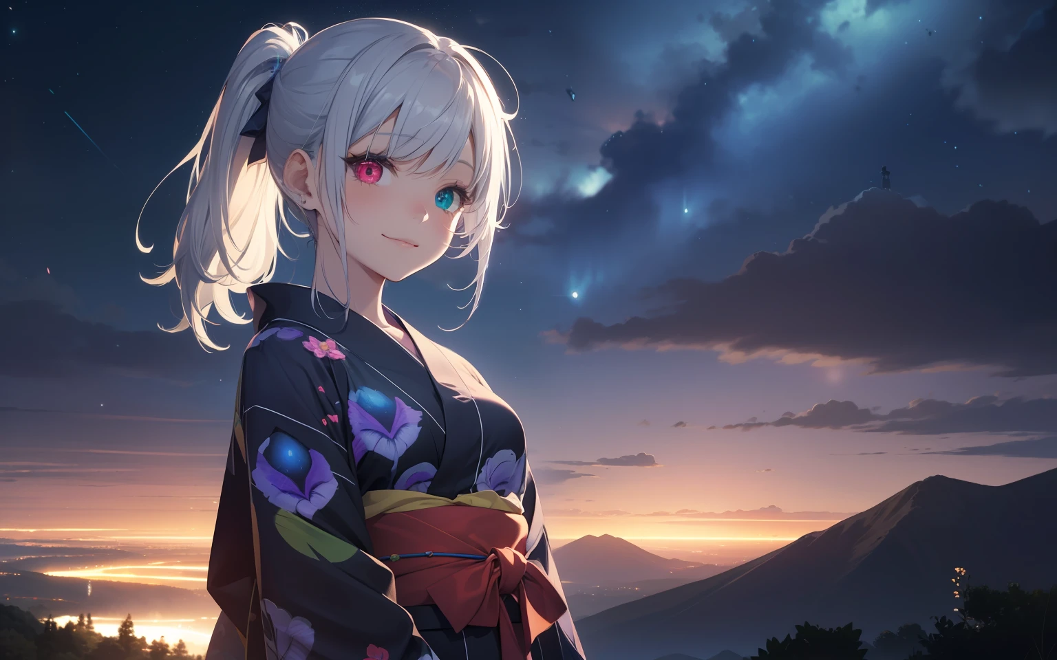 masterpiece, Top Quality, Photorealistic, Ultra Detail, Delicate, Orderly, High Detail, Bluish-Silver Ponytail, (drooping heterochromia iris:1.3),Children,10 years old, Embarrassing,Smile,Slender,Cowboy shot, Blurred background,(One Girl:1.1),Game CG,Dynamic Angle,(Bioluminescent hair,Glowing eyes:1.2), Ambient Occlusion, Ambient Light, Ray Trace Reflection, Glow, Glow, Glowing Aura, Glowing Hair, In the Mountains, Yukata, Milky Way, Half Starry Sky Image, Sparkler